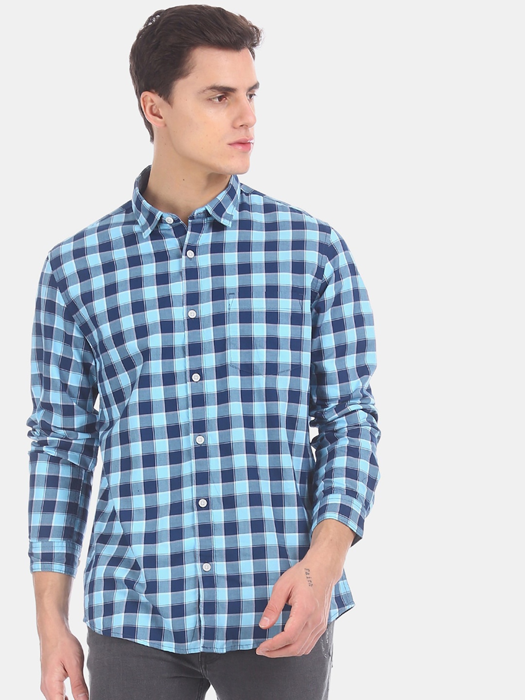 

Ruggers Men Blue Opaque Checked Pure Cotton Casual Shirt