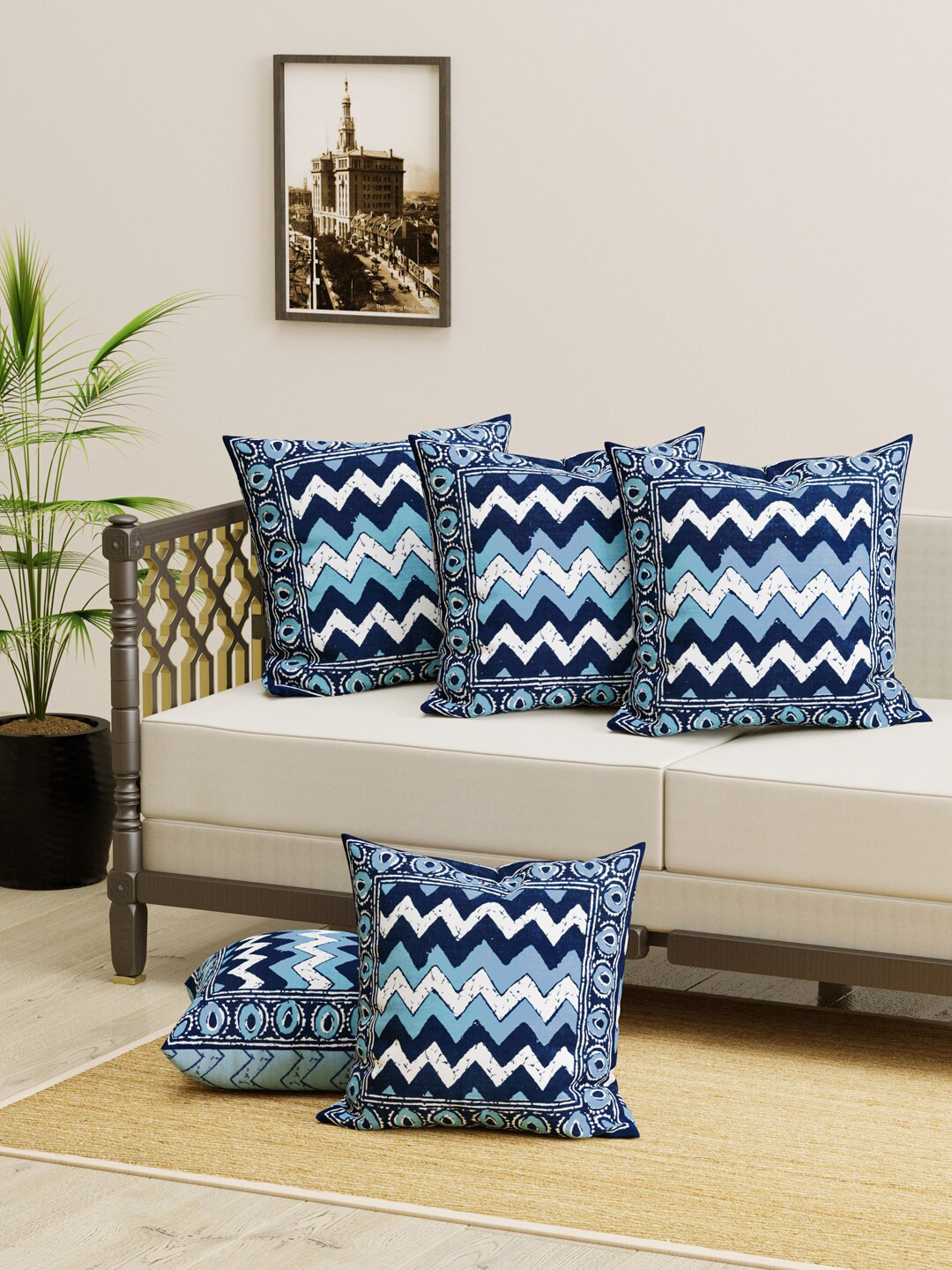 

Gulaab Jaipur Set of 5 Blue & White Chevron Handblock Printed Cotton Square Cushion Covers