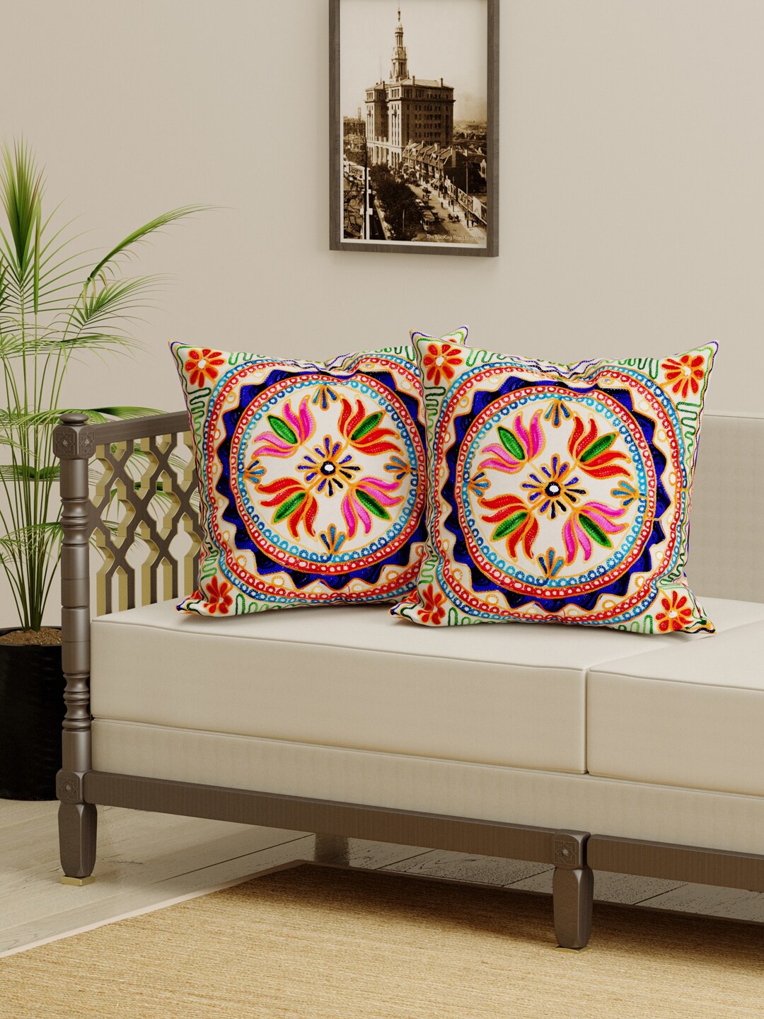 

Gulaab Jaipur White & Blue Set of 2 Embroidered Square Cushion Covers