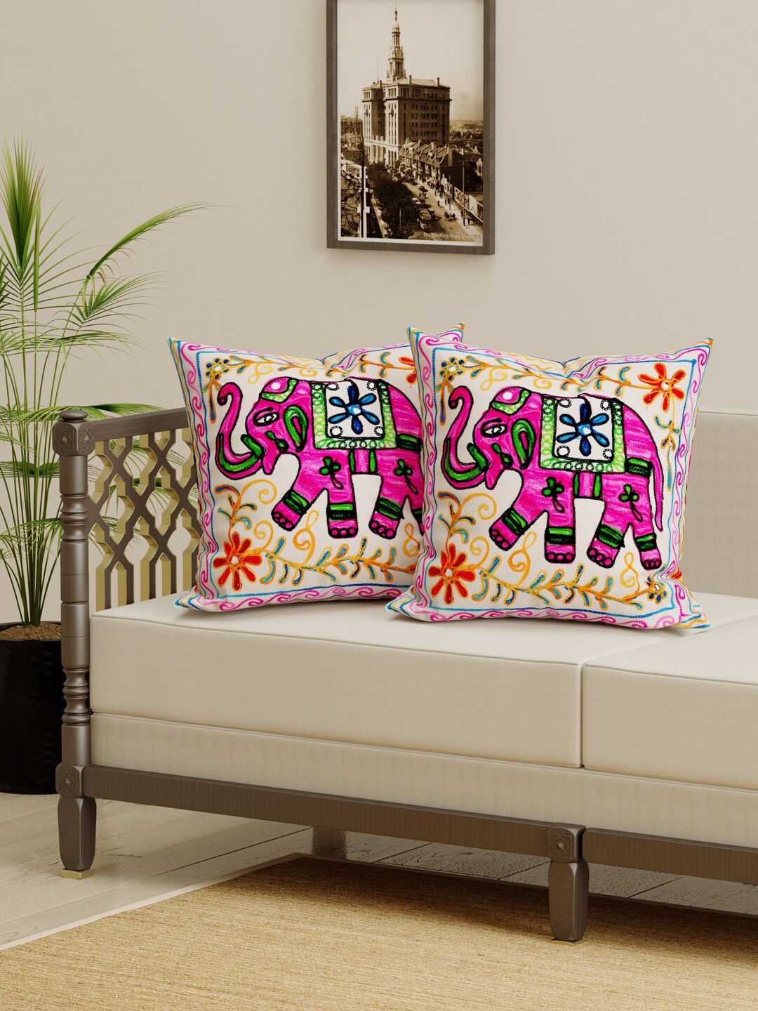 

Gulaab Jaipur White & Magenta Set of 2 Embroidered Square Cushion Covers