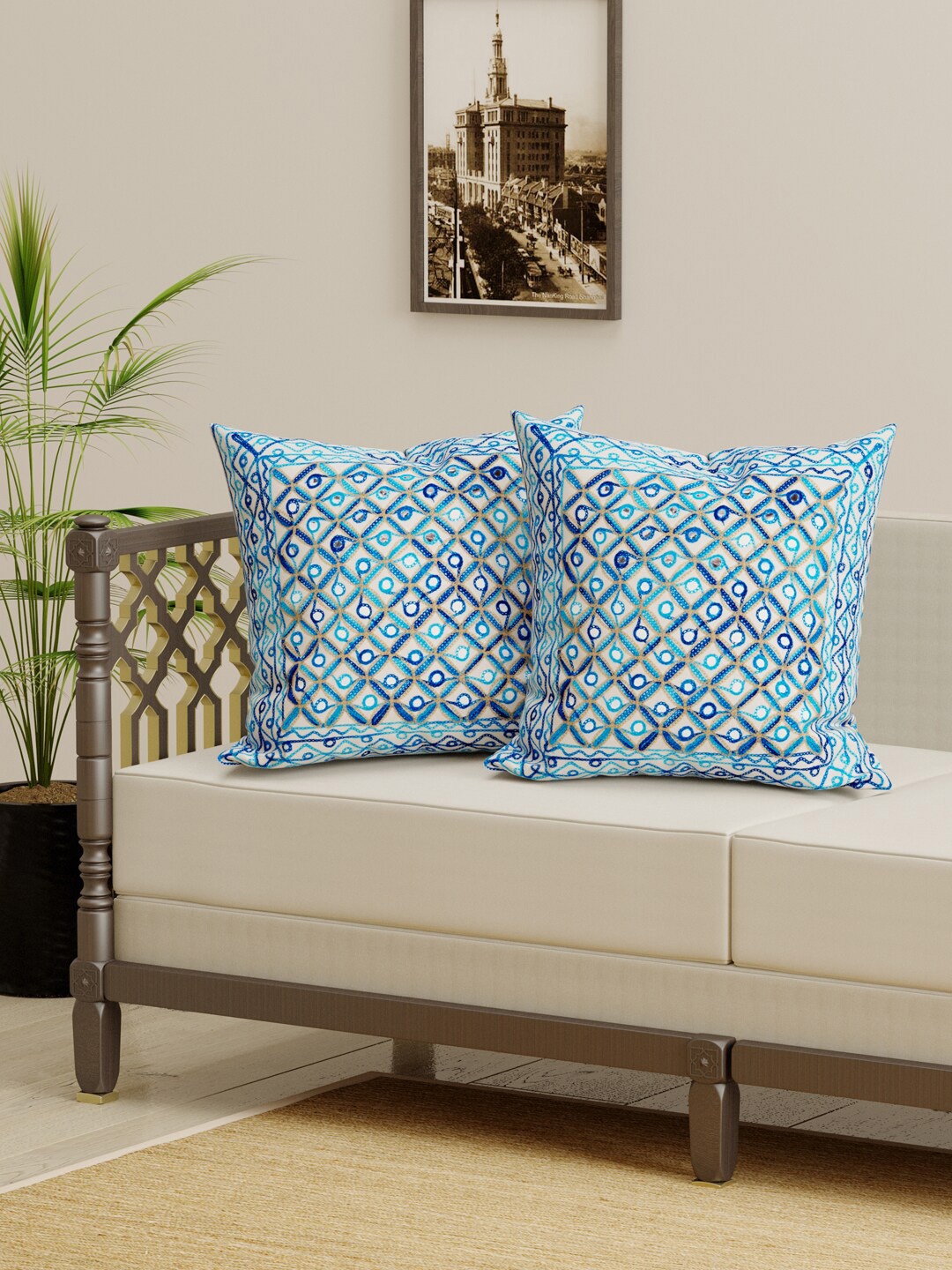 

Gulaab Jaipur Blue & Beige Set of 2 Embroidered Square Cushion Covers