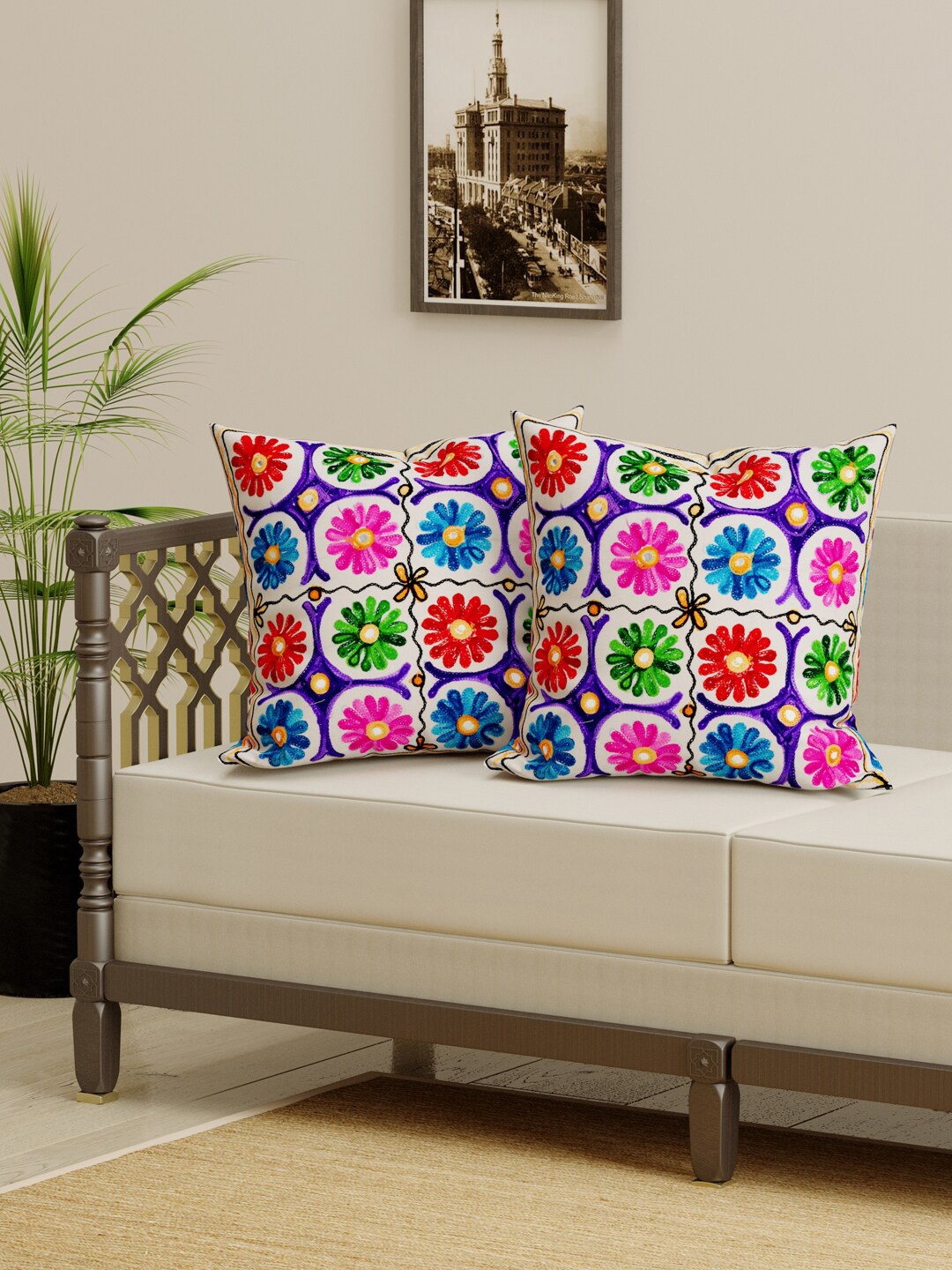 

Gulaab Jaipur Green & Pink Set of 2 Embroidered Square Cushion Covers