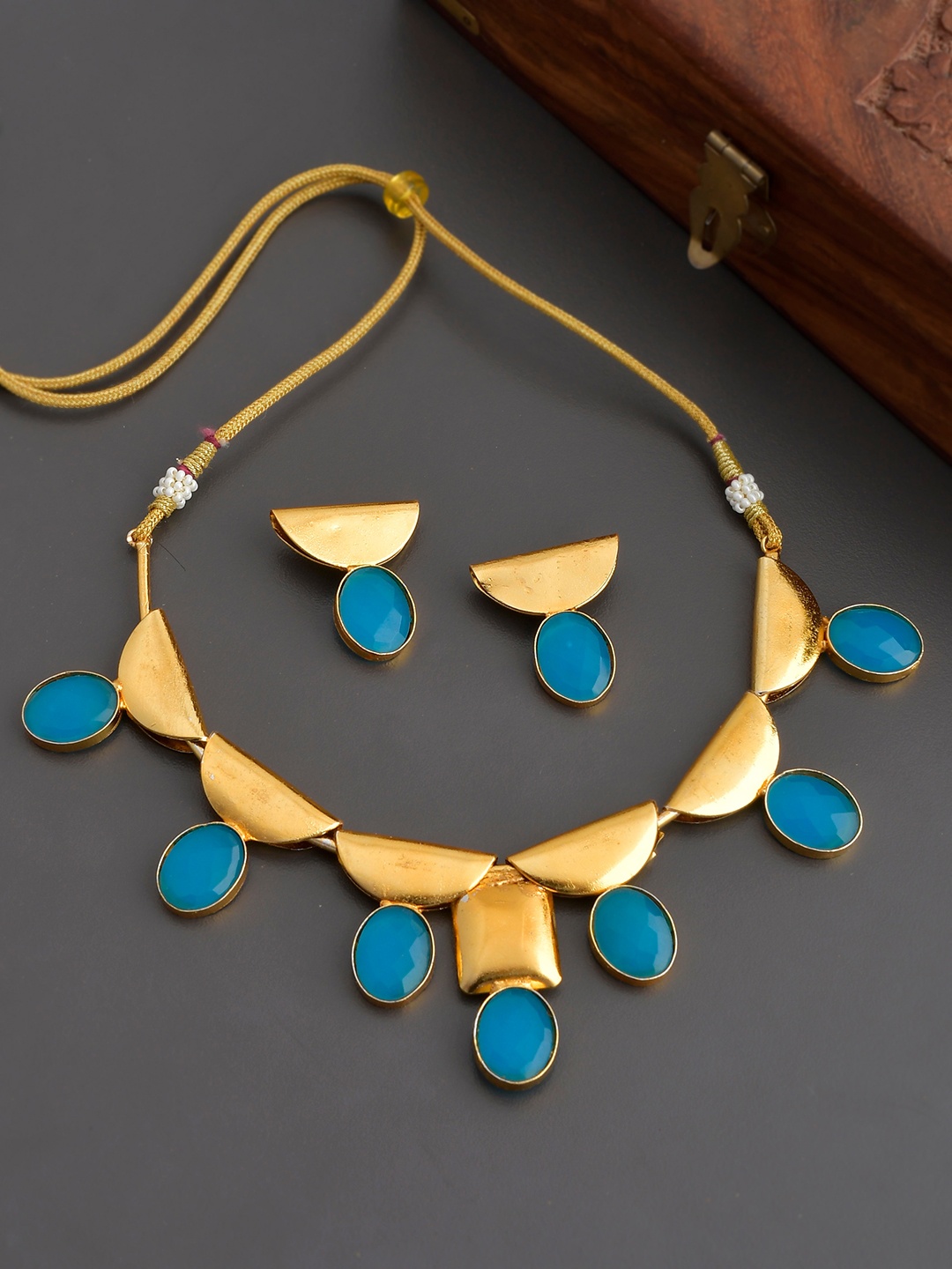 

Silvermerc Designs Gold-Plated Blue Onyx-Studded Handcrafted Jewellery Set