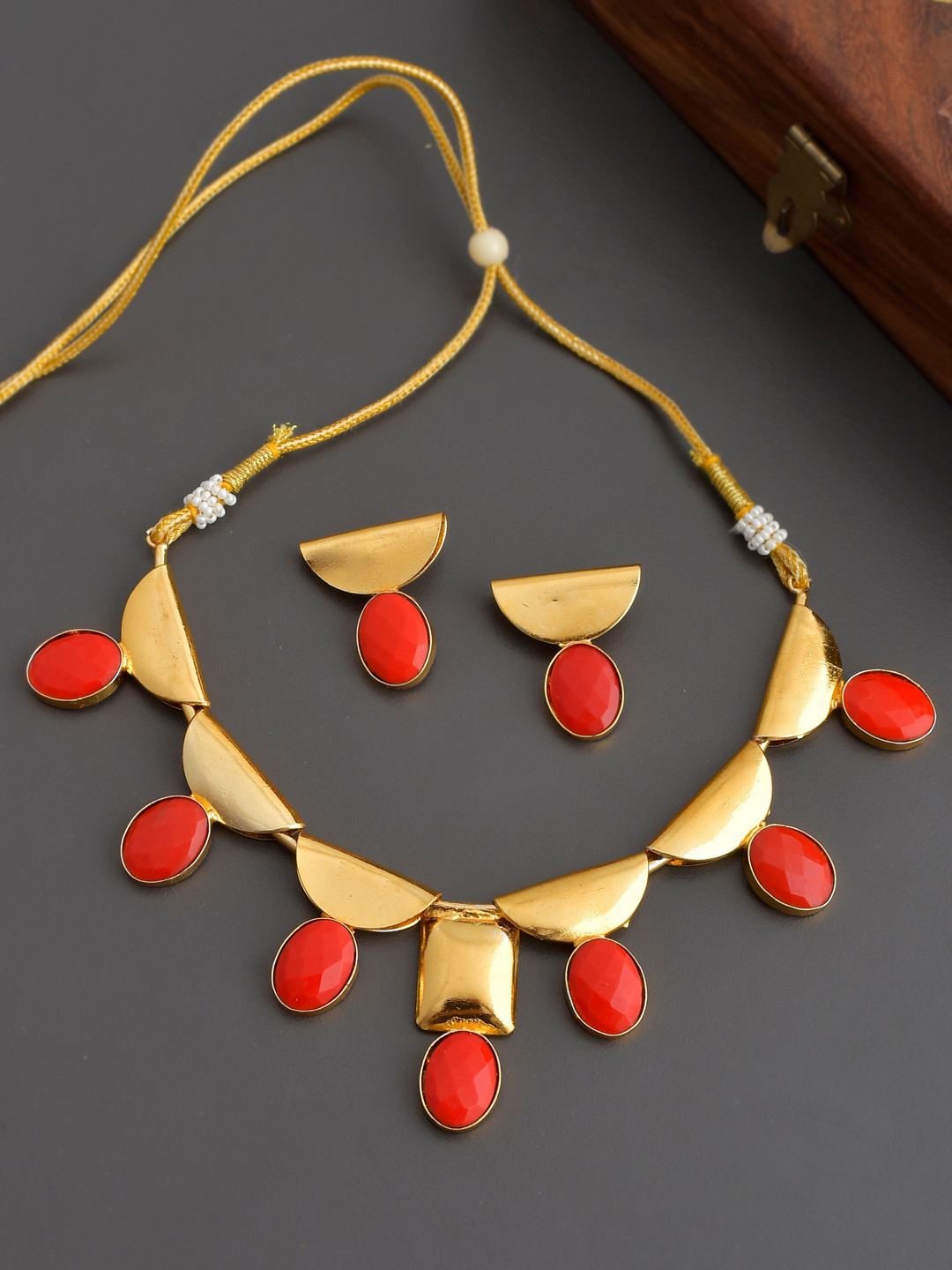 

Silvermerc Designs Woman Gold-Plated Red Onyx-Studded Handcrafted Jewellery Set