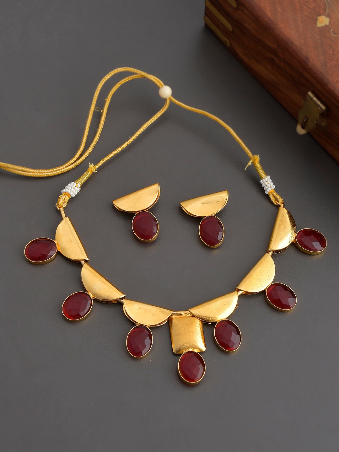 

Silvermerc Designs Gold-Plated Maroon Onyx-Studded Handcrafted Jewellery Set