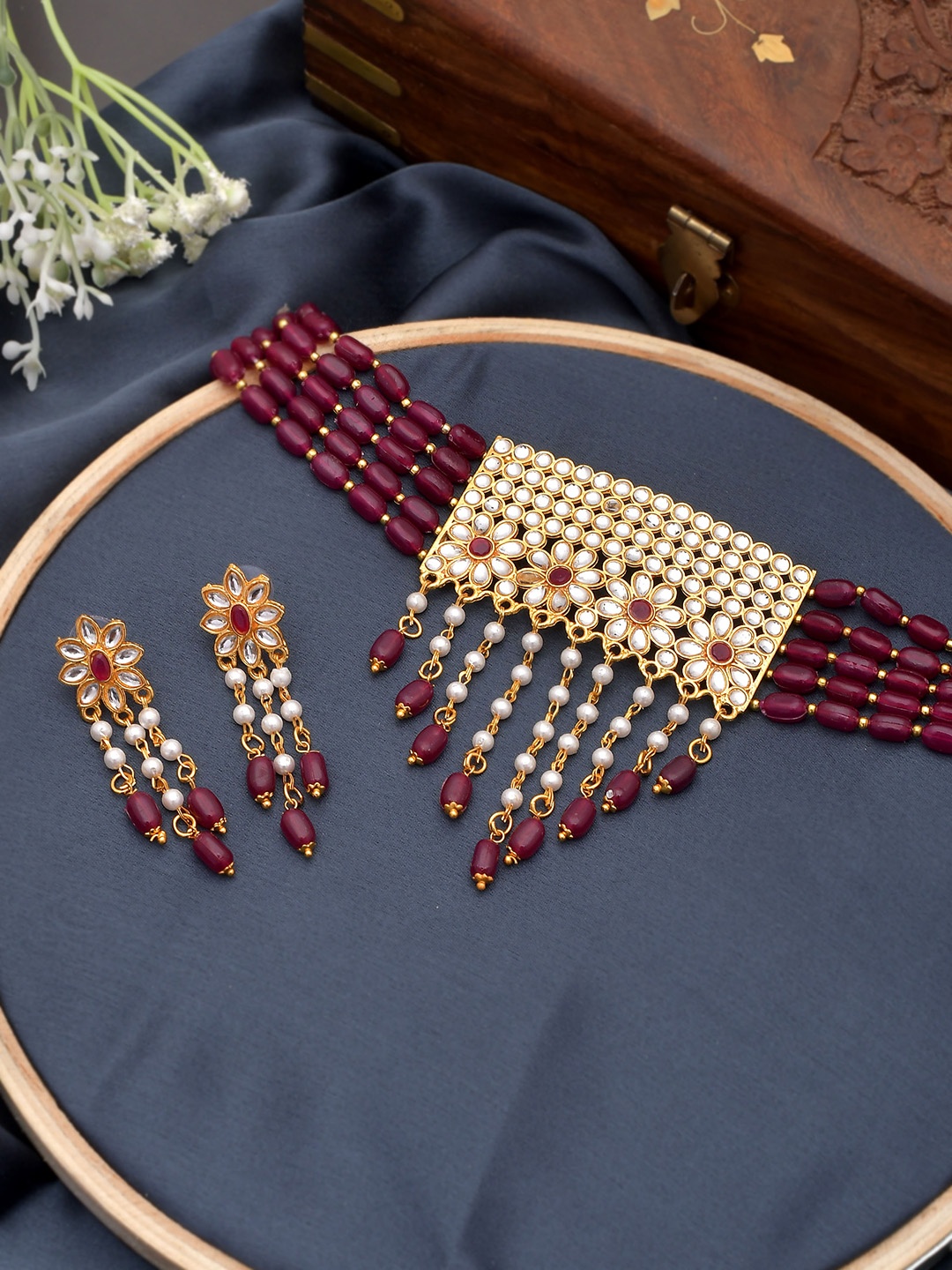 

Silvermerc Designs Gold-Plated White & Pink Stone-Studded Beaded Handcrafted Jewellery Set