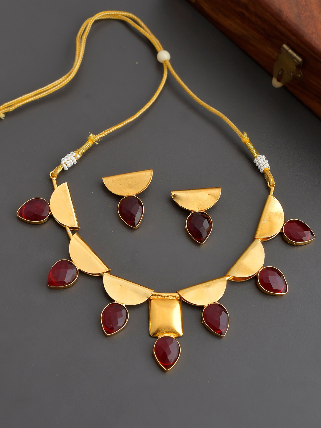 

Silvermerc Designs Gold-Plated & Red Onyx-Studded Jewellery Set