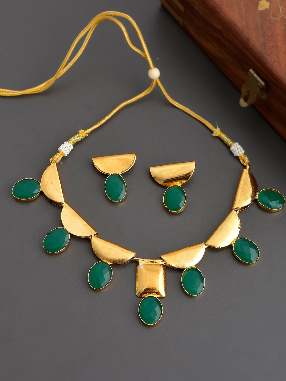 

Silvermerc Designs Gold-Plated Green Onyx-Studded Handcrafted Jewellery Set