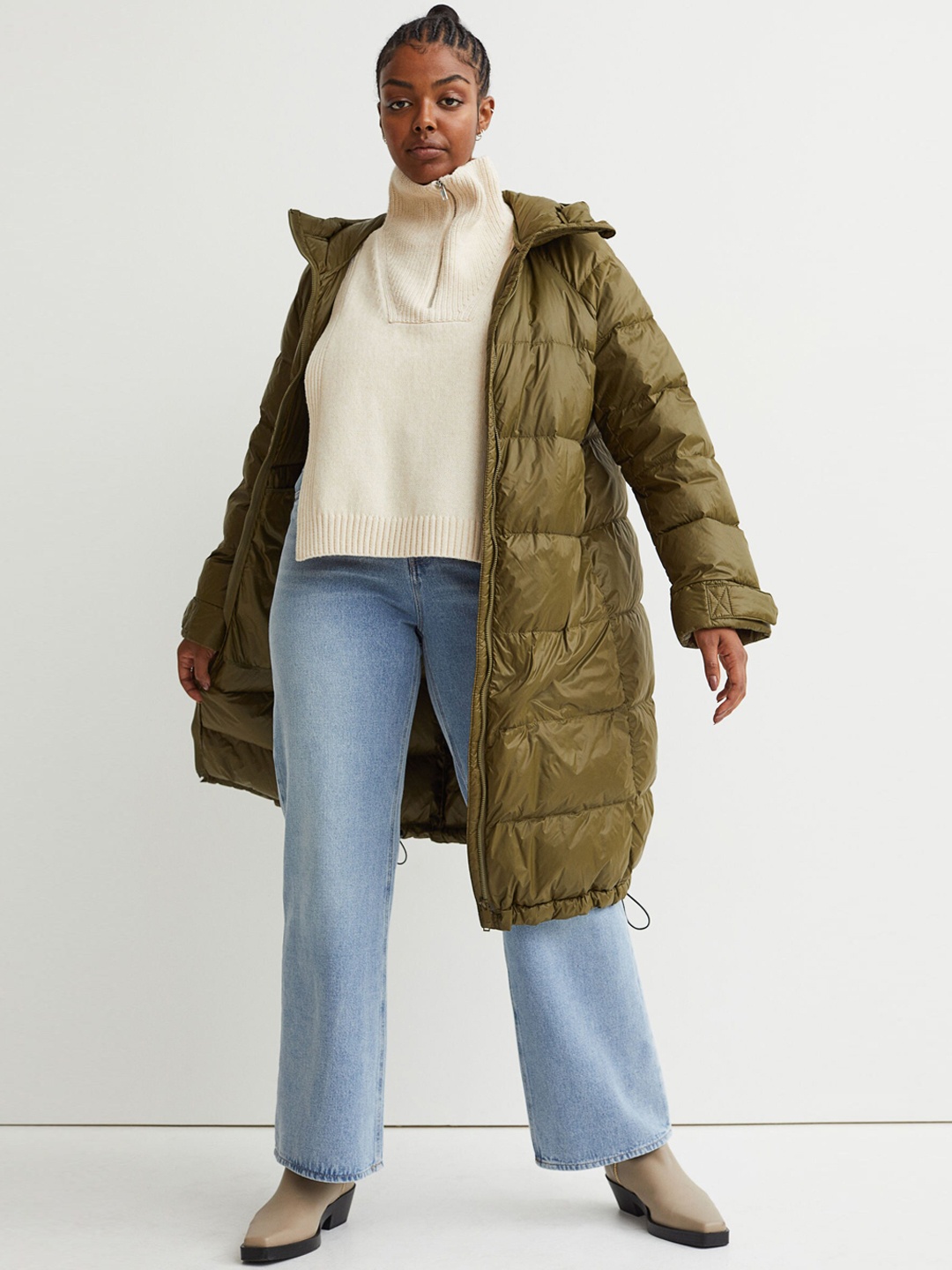 

H&M Women Green Solid Knee-Length Down Jacket