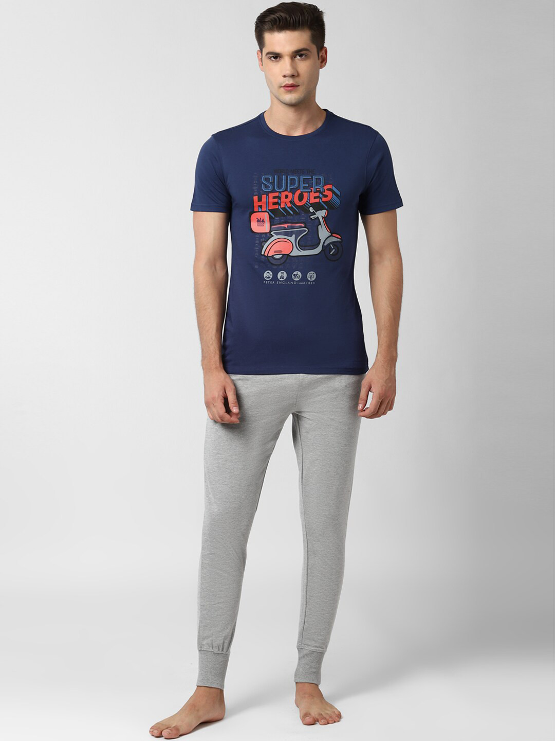 

Peter England Men Navy Blue & Grey Printed Pure Cotton Night Suit