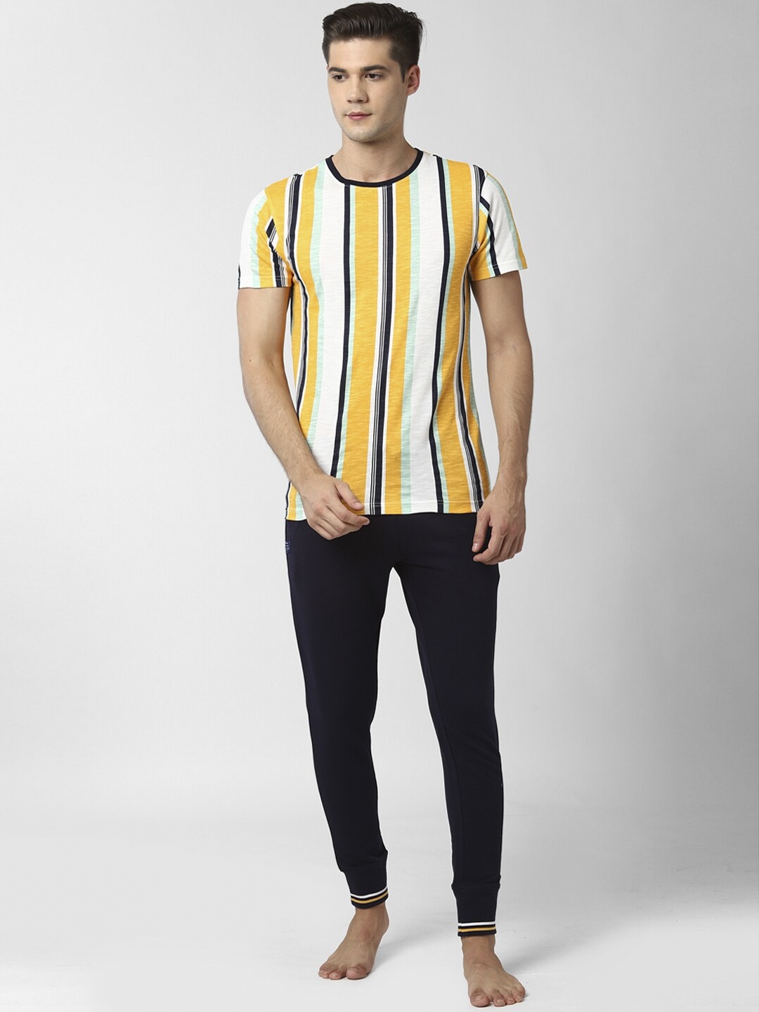 

Peter England Men Yellow & Black Striped Pure Cotton Night Suit