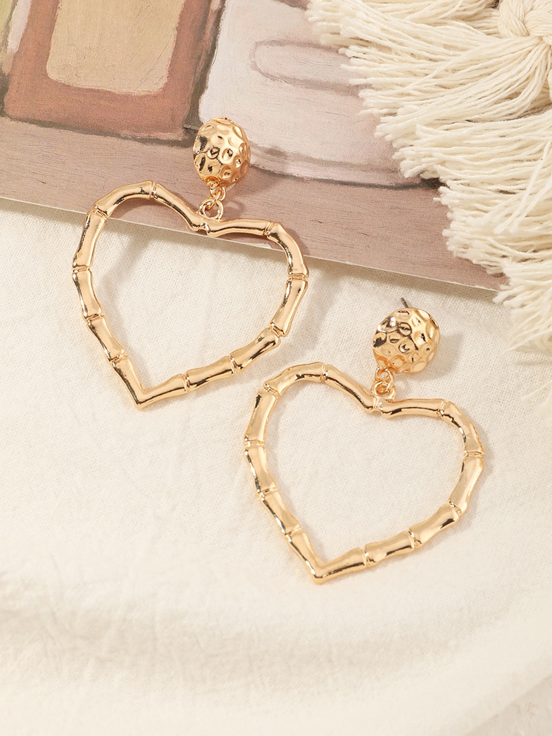 

URBANIC Gold-Toned Heart-Shaped Hammered Drop Earrings