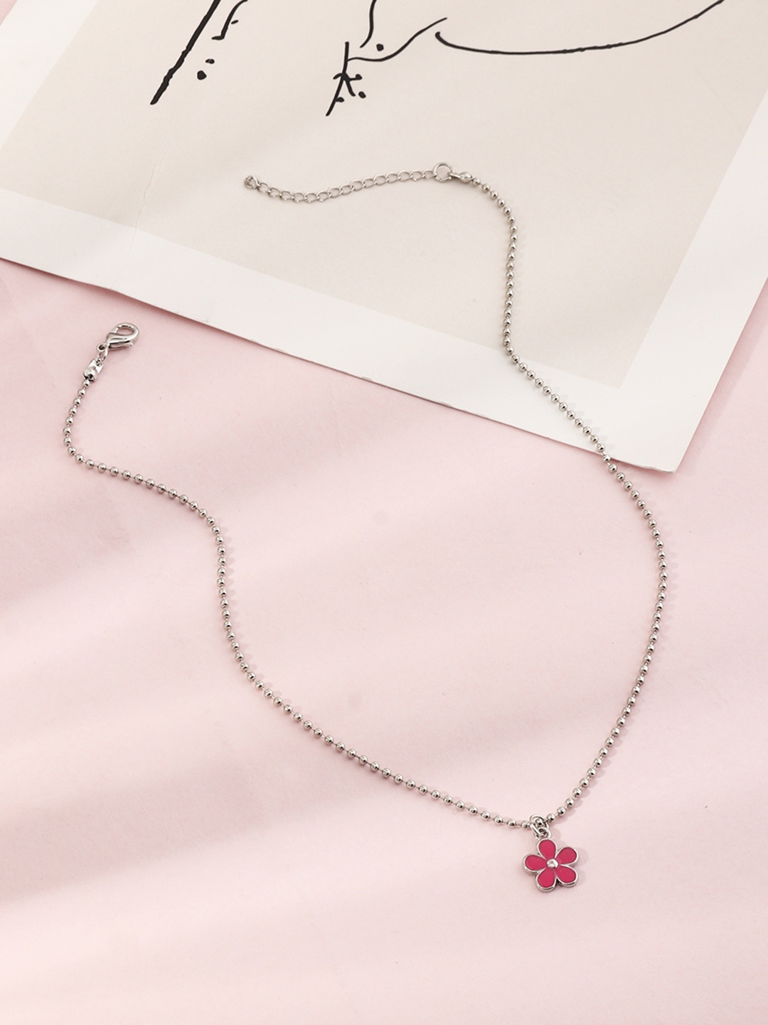 

URBANIC Pink & Silver-Toned Floral Enamelled Necklace