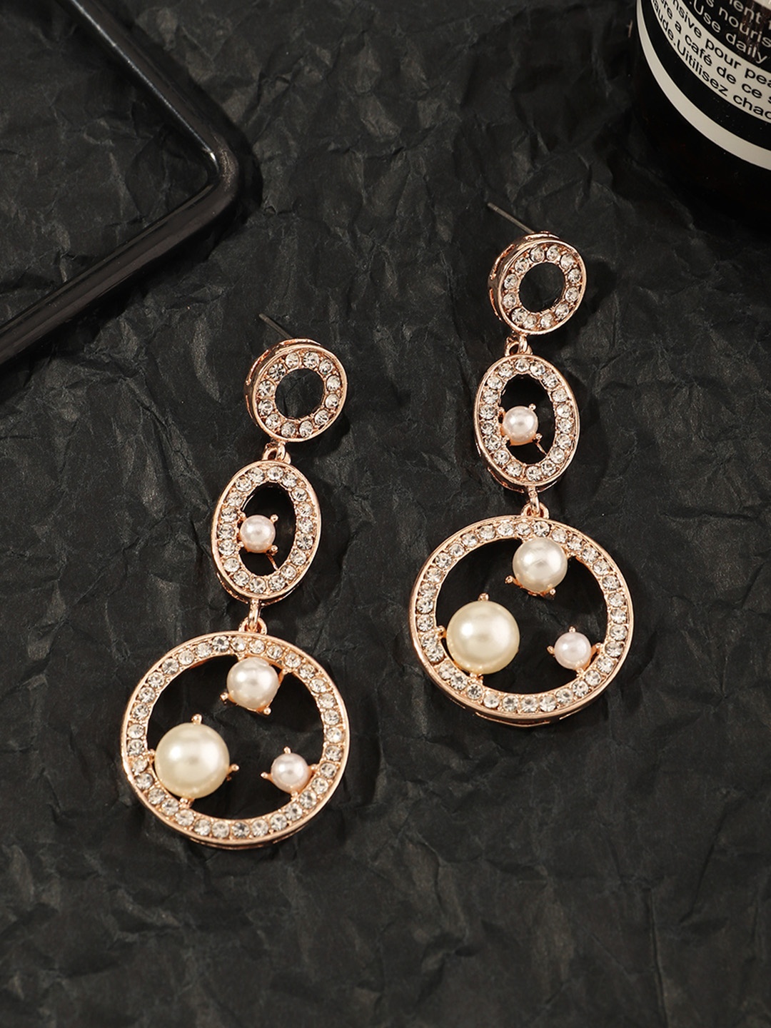 

URBANIC Gold-Toned & Off-White Stone-Studded & Beaded Circular Drop Earrings