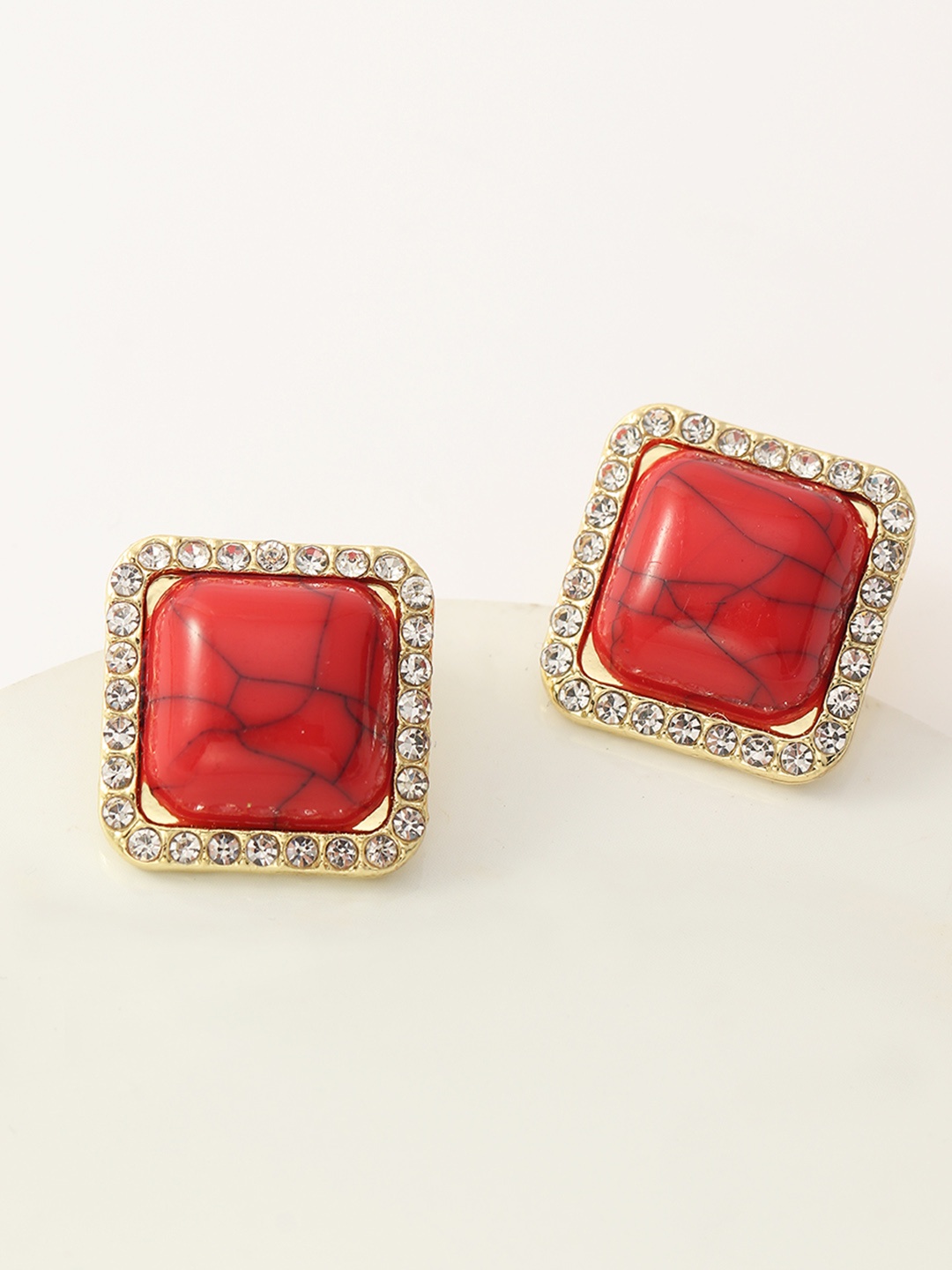 

URBANIC Red & Gold-Toned Stone Studded Square Studs