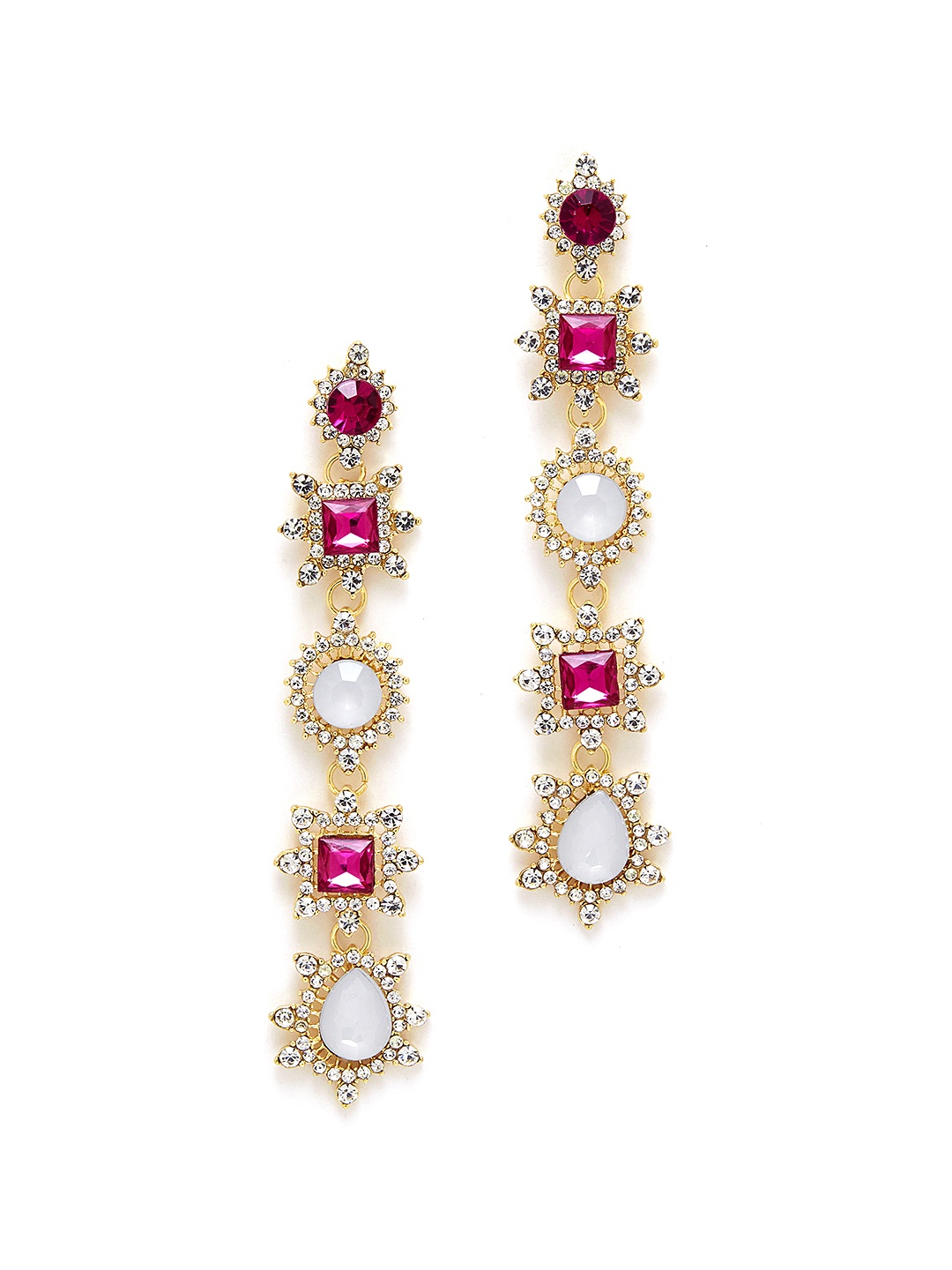 

URBANIC Magenta & Gold-Toned Stone-Studded Geometric Drop Earrings