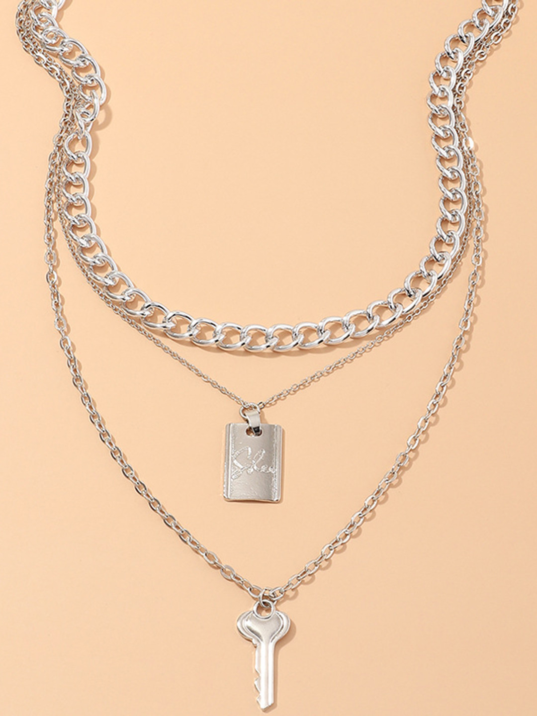 

URBANIC Silver-Toned Lock & Key Layered Necklace