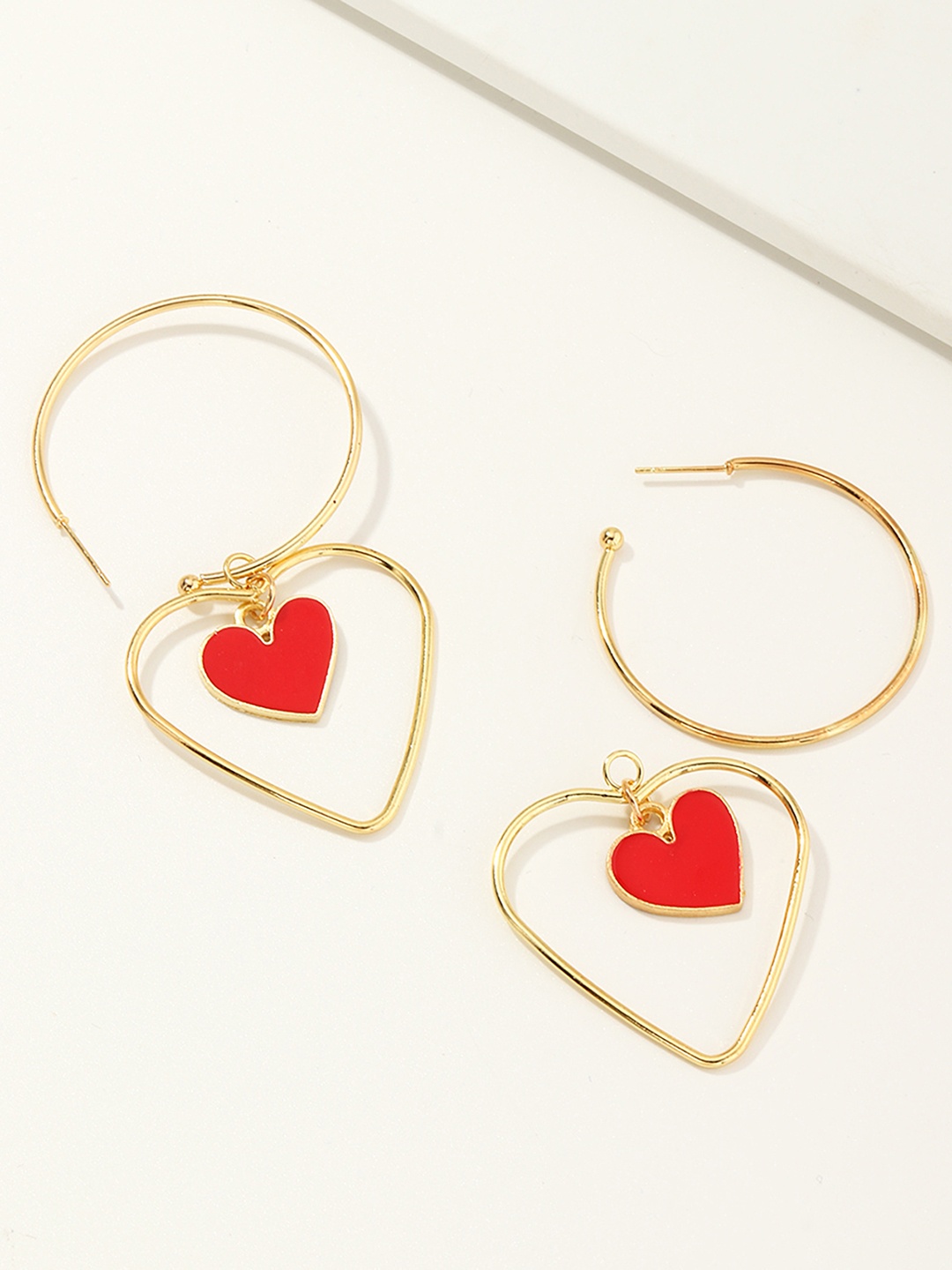 

URBANIC Gold-Toned & Red Heart Shaped Drop Earrings
