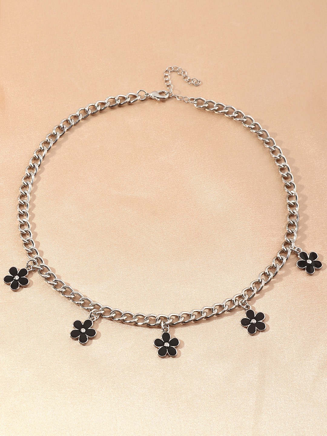 

URBANIC Silver-Toned & Black Floral Enamelled Necklace