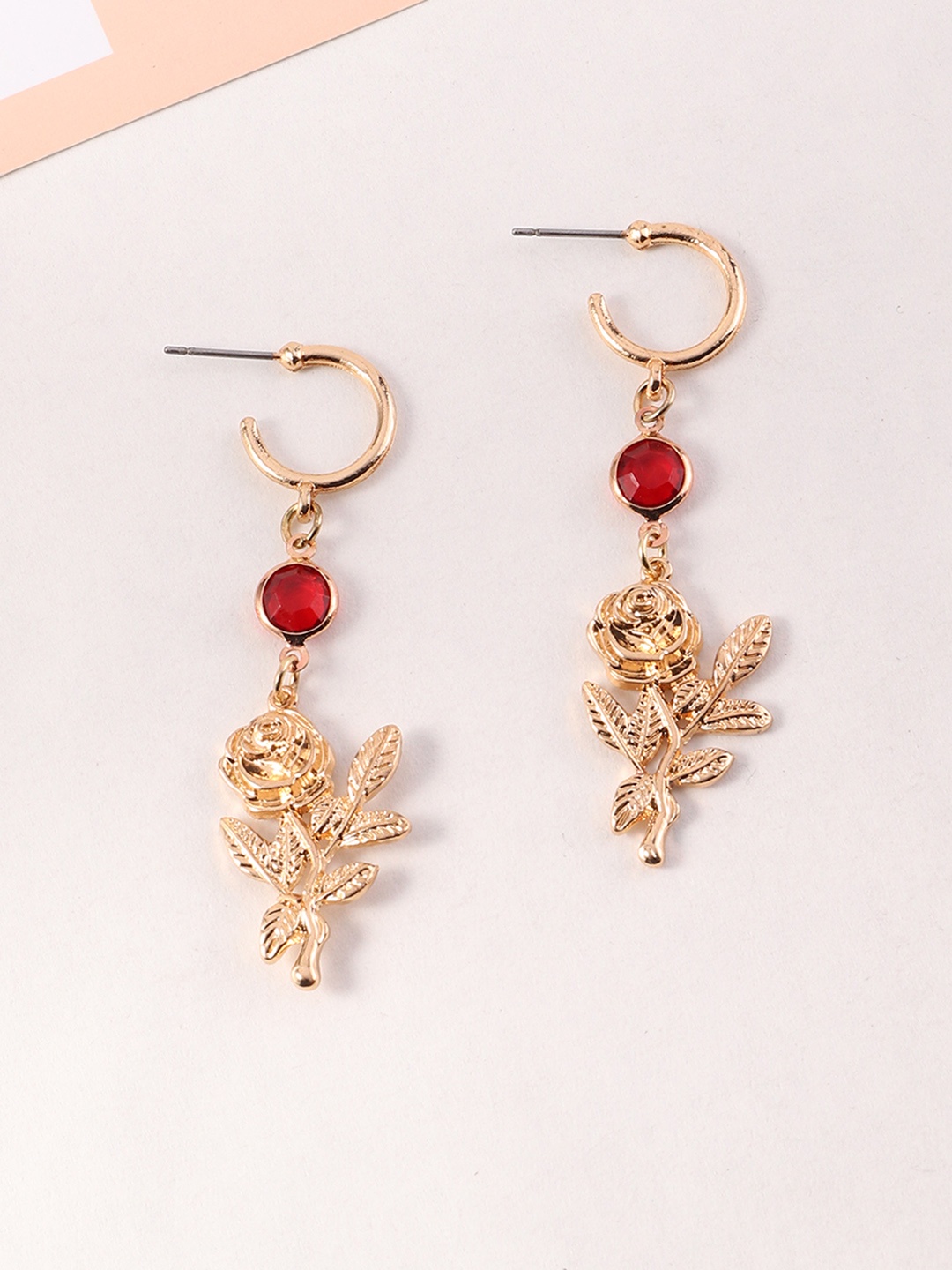 

URBANIC Gold-Toned & Red Floral Drop Earrings