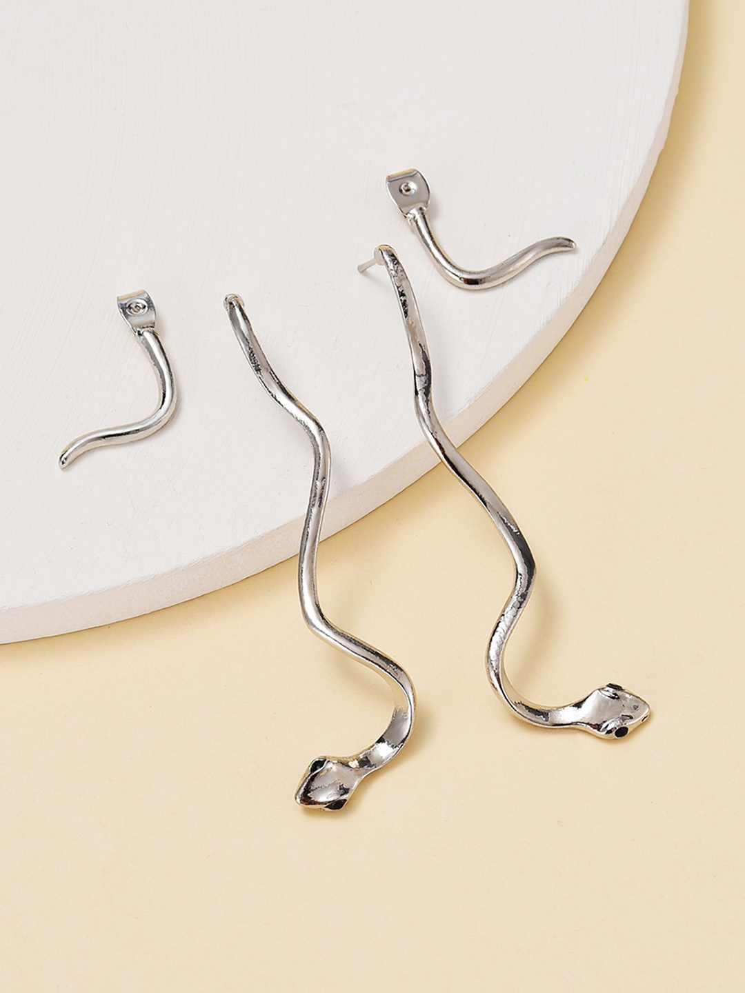 

URBANIC Silver-Toned Stone Studded Snake Shaped Jacket Drop Earrings