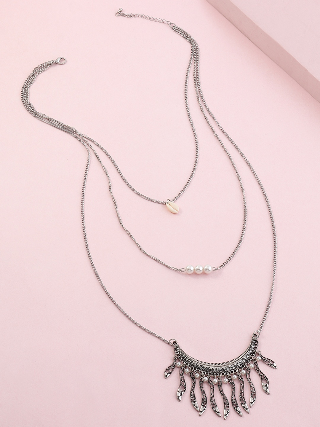 

URBANIC Oxidised Silver-Toned & White Beaded Textured Multi-Layered Link Necklace