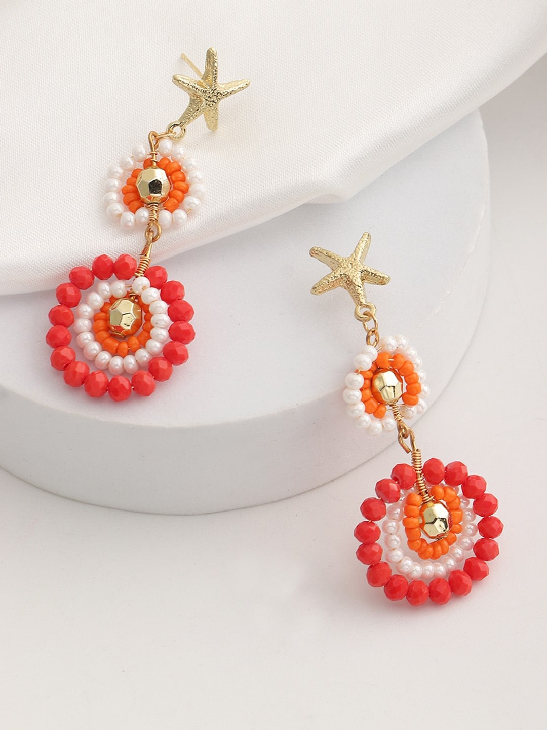 

URBANIC Gold-Toned & Red Beaded Circular Drop Earrings