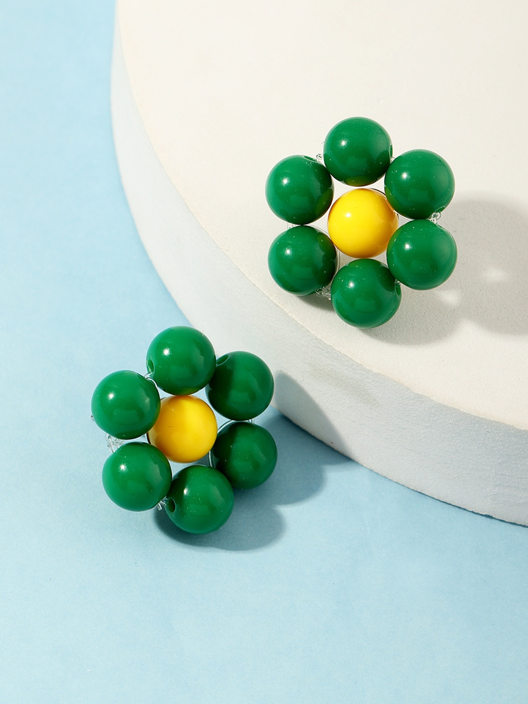 

URBANIC Green & Yellow Beaded Floral Studs