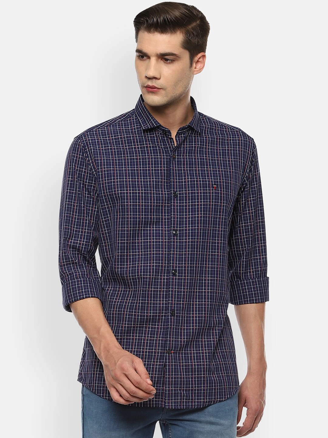 

Louis Philippe Sport Men Navy Blue Slim Fit Grid Tattersall Checks Opaque Checked Casual Shirt