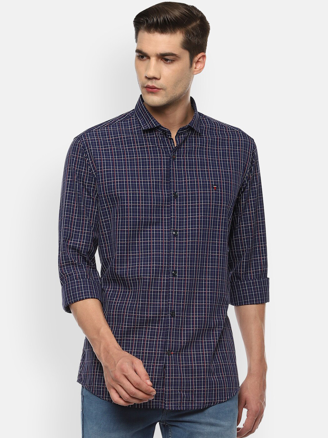 

Louis Philippe Sport Men Navy Blue & White Slim Fit Grid Tattersall Checks Casual Shirt
