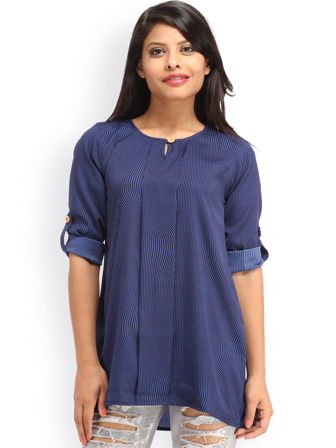 

Cottinfab Women Blue Striped Regular Top