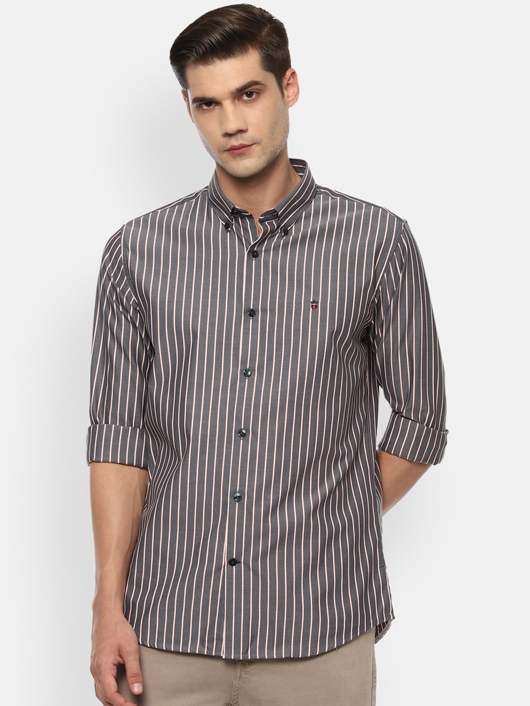 

Louis Philippe Sport Men Grey Slim Fit Opaque Striped Pure Cotton Casual Shirt