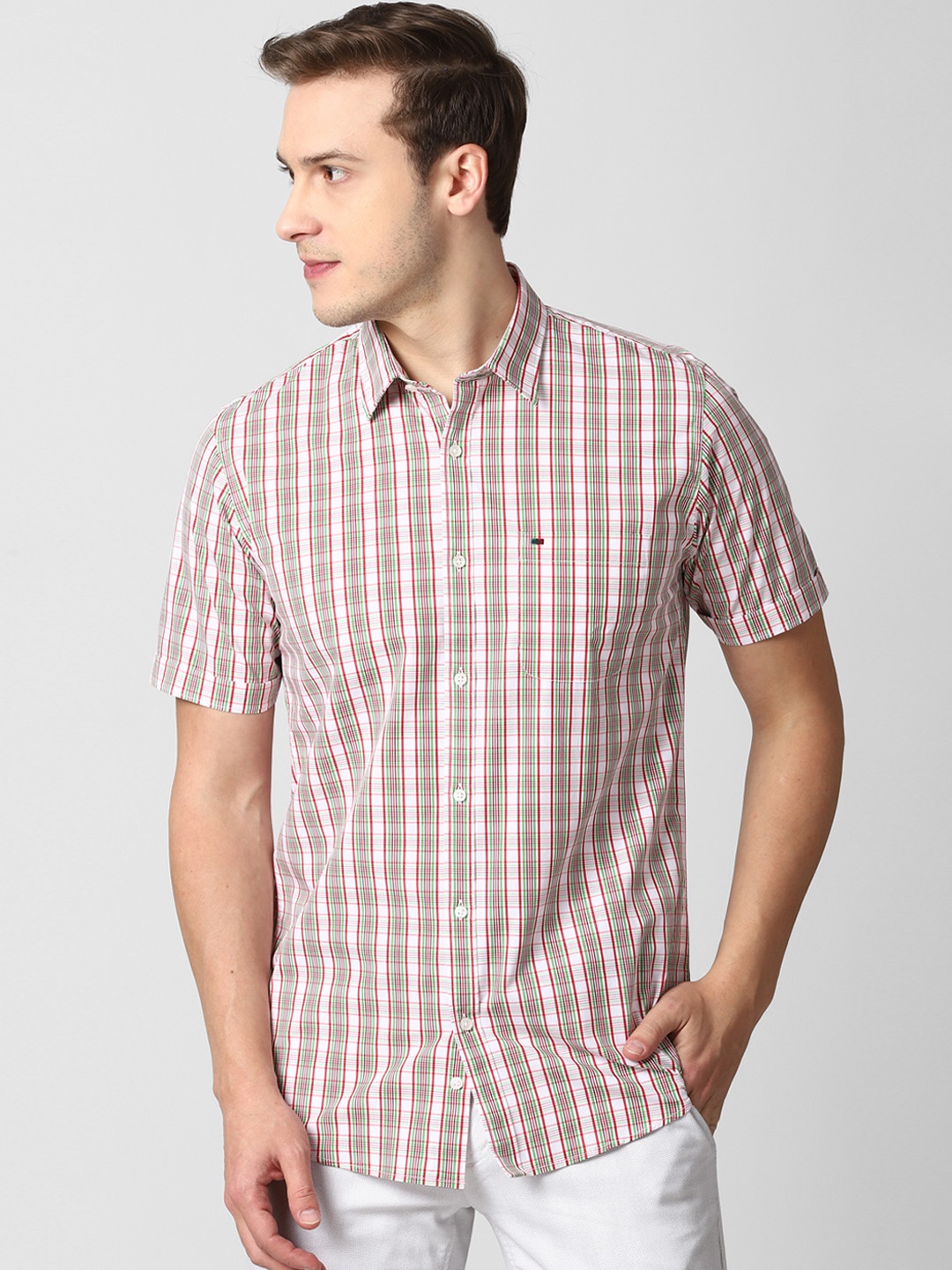 

Peter England Casuals Men Cream-Coloured Slim Fit Opaque Checked Casual Shirt