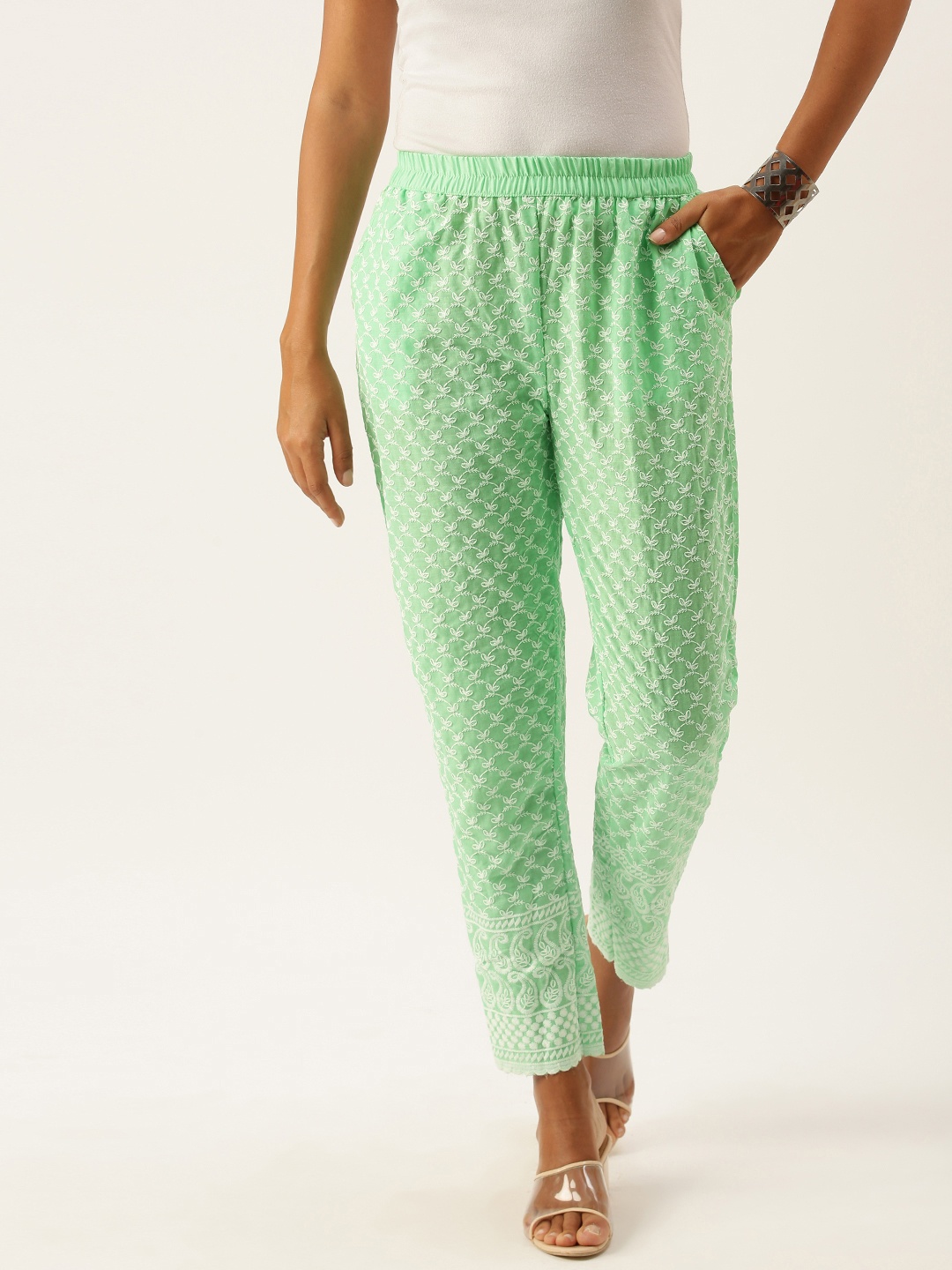 

SWAGG INDIA Women Sea Green Ethnic Motifs Embroidered Pleated Trousers