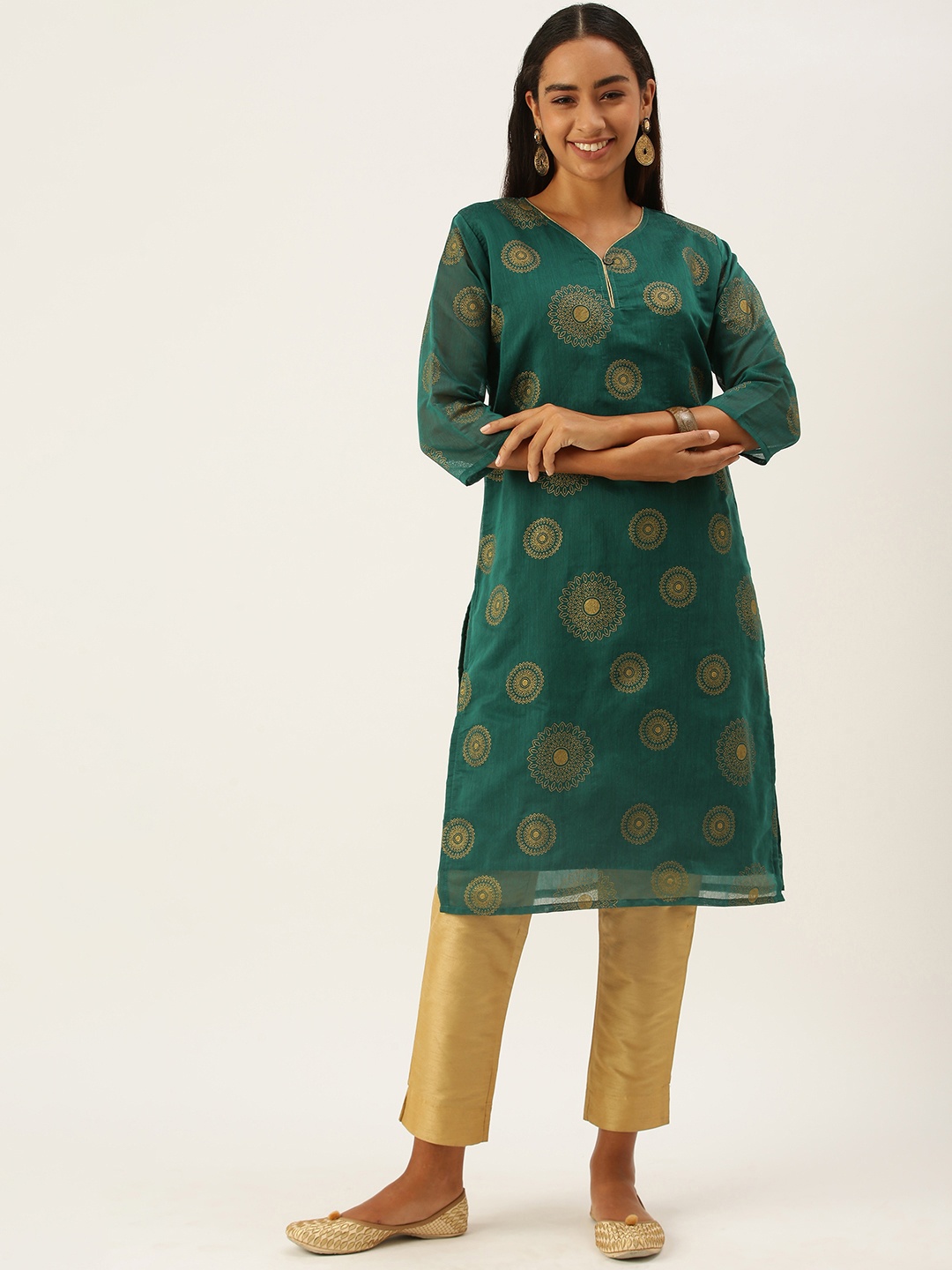 

SWAGG INDIA Women Green Ethnic Motifs Printed Chanderi Silk Chanderi Silk Kurta