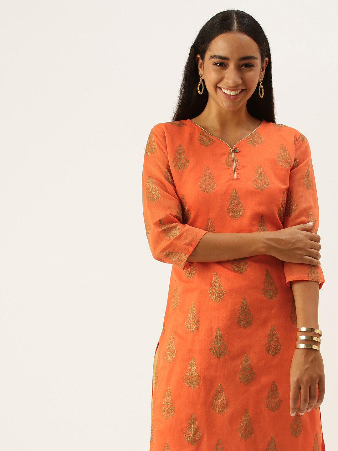 

SWAGG INDIA Women Orange Ethnic Motifs Printed Chanderi Silk Chanderi Silk Kurta