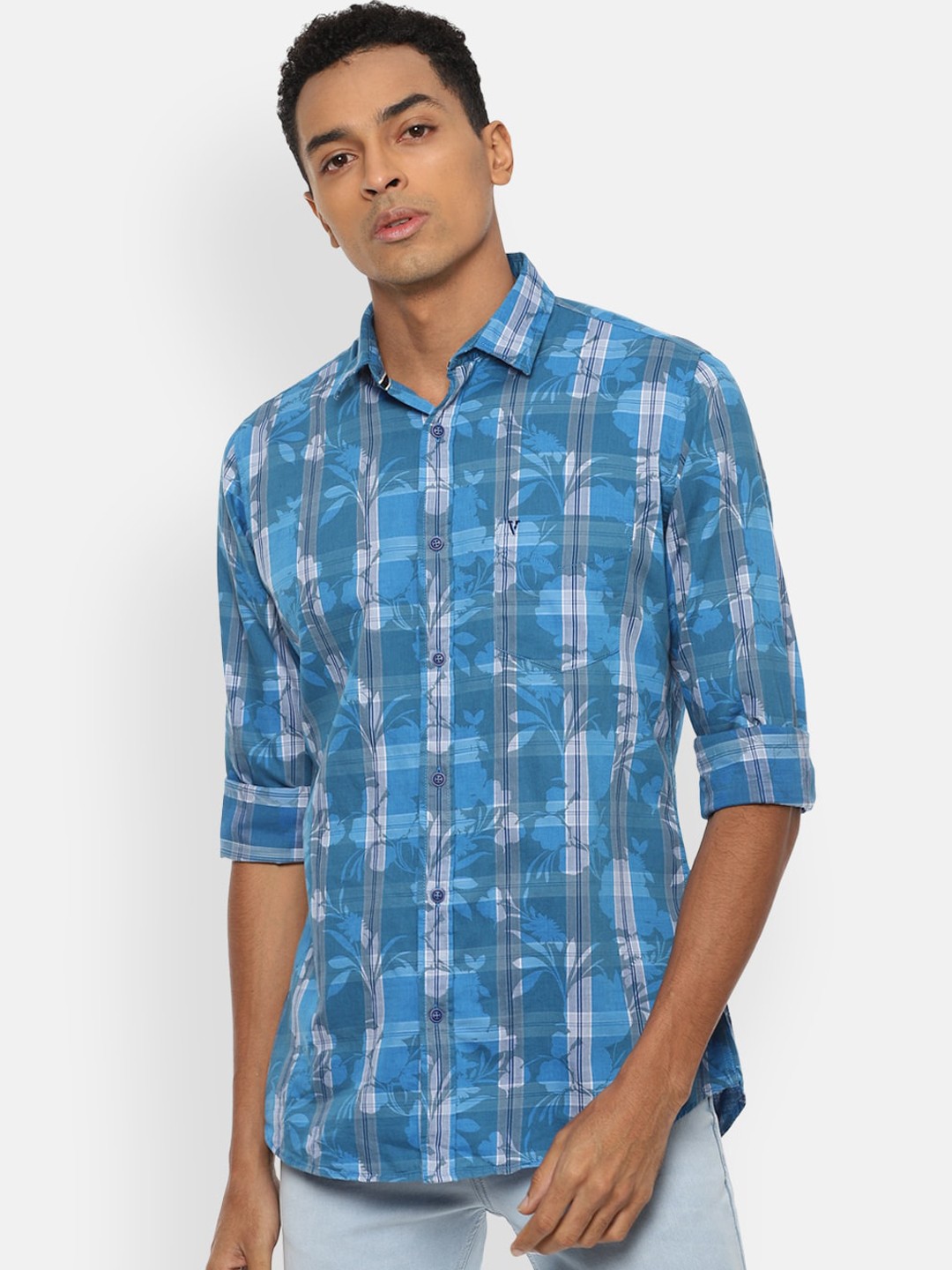 

VAN HEUSEN DENIM LABS Men Blue & Grey Slim Fit Opaque Checked Casual Shirt