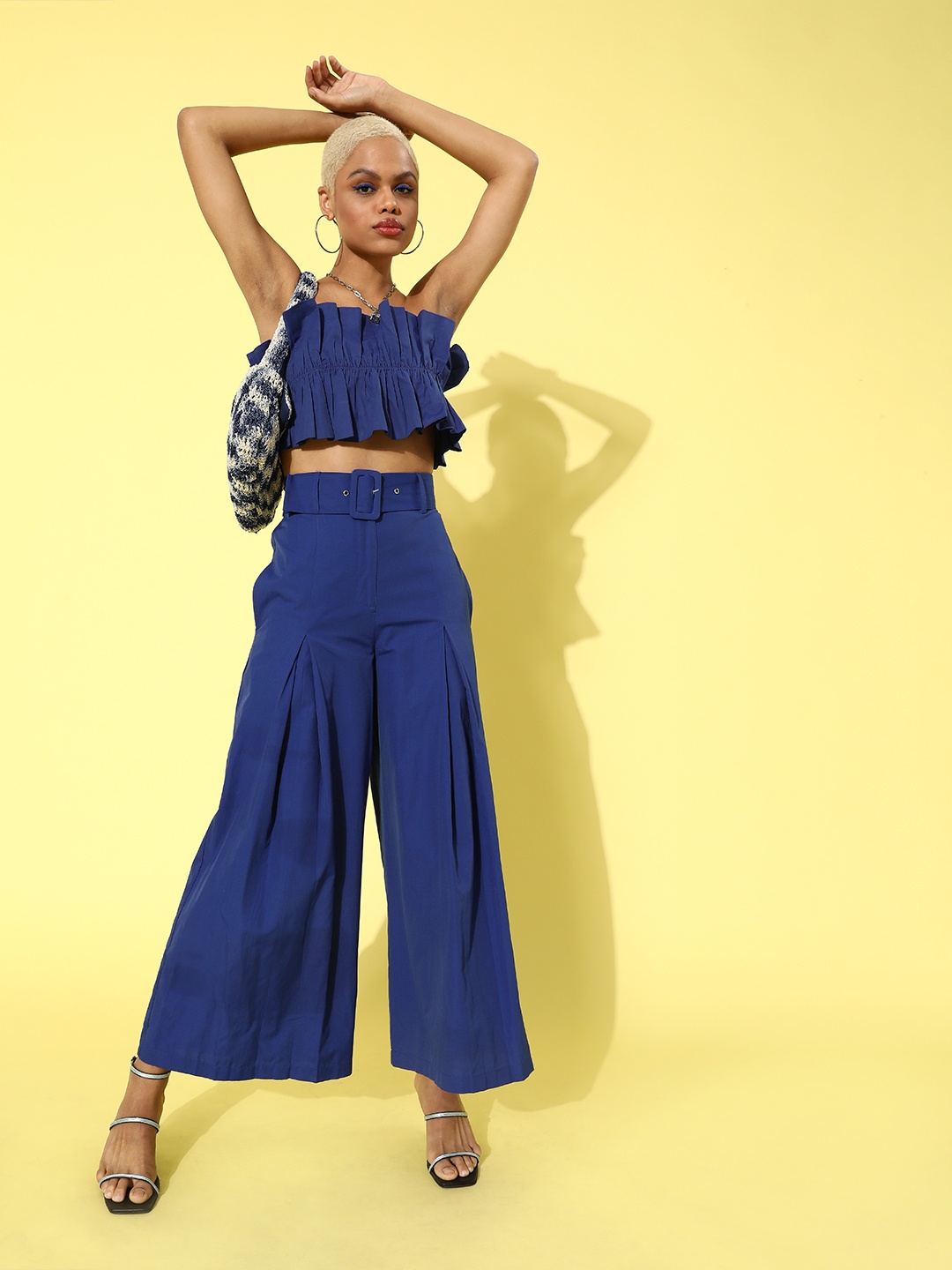

STREET 9 Women Navy Blue Solid Pleated Top