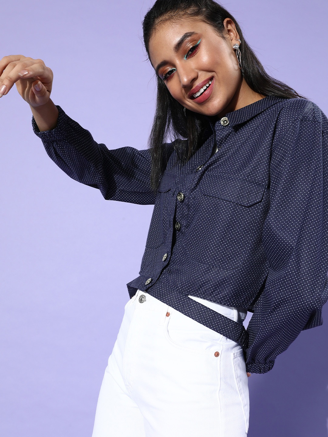 

STREET 9 Women Deep Navy Blue Polka Dotted Tailored Jacket