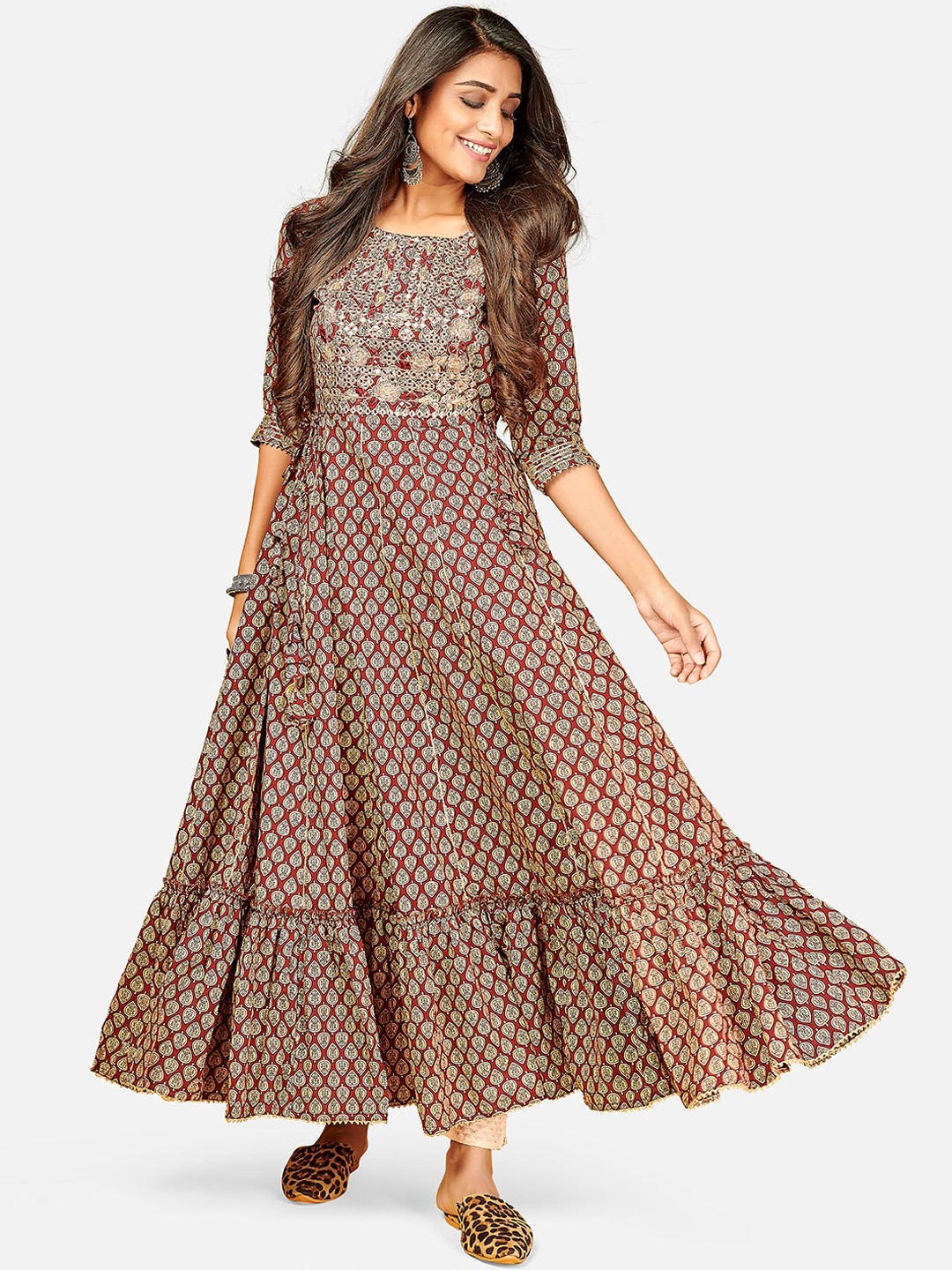 

Vbuyz Women Maroon Ethnic Motifs Printed Keyhole Neck Anarkali Kurta