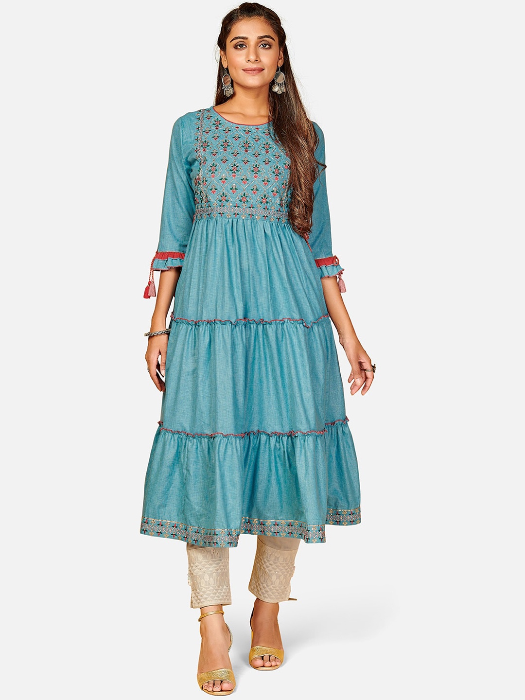 

Vbuyz Women Blue & Red Ethnic Motifs Yoke Design Anarkali Kurta