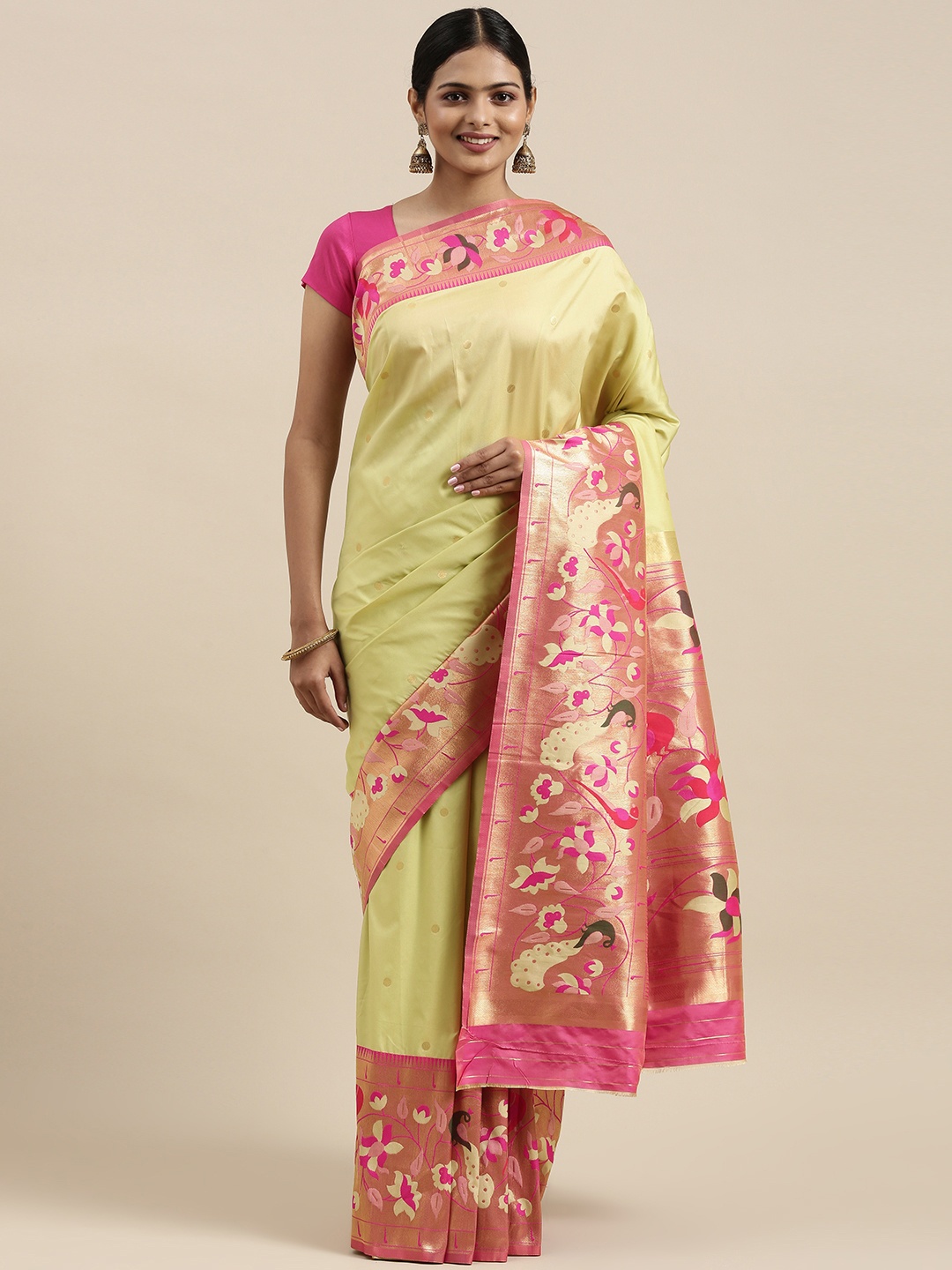 

Mitera Green & Pink Woven Design Silk Blend Paithani Saree