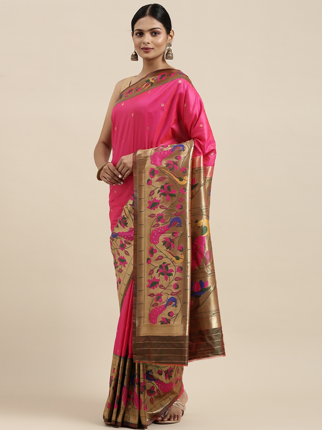 

Mitera Pink & Green Woven Design Silk Blend Paithani Saree