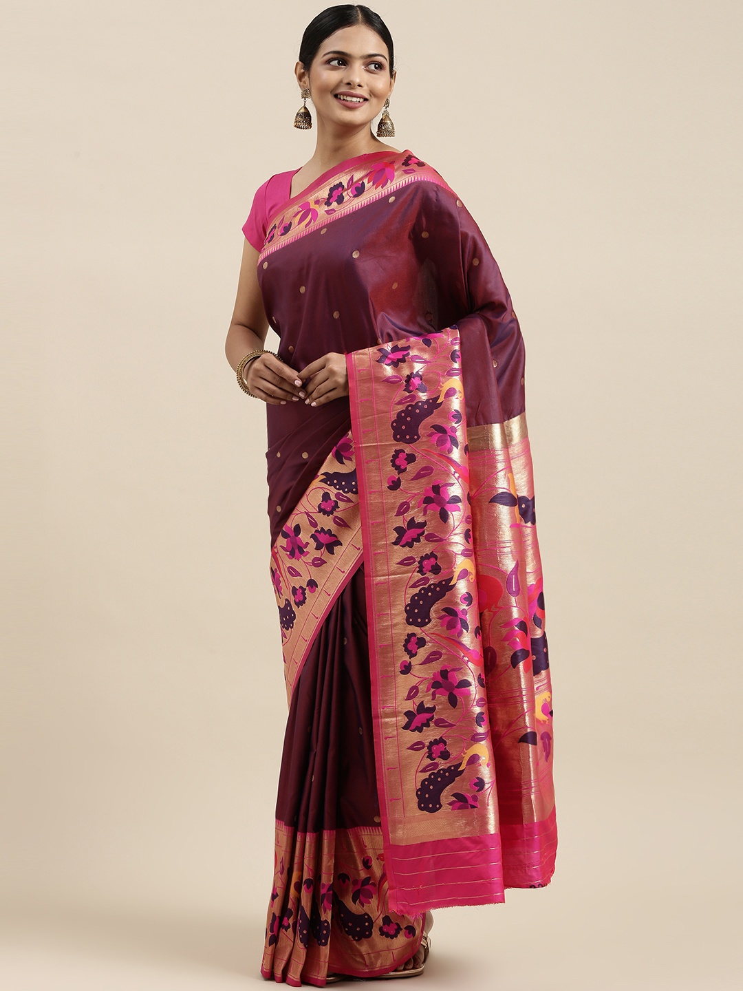 

Mitera Purple Floral Zari Silk Blend Paithani Saree