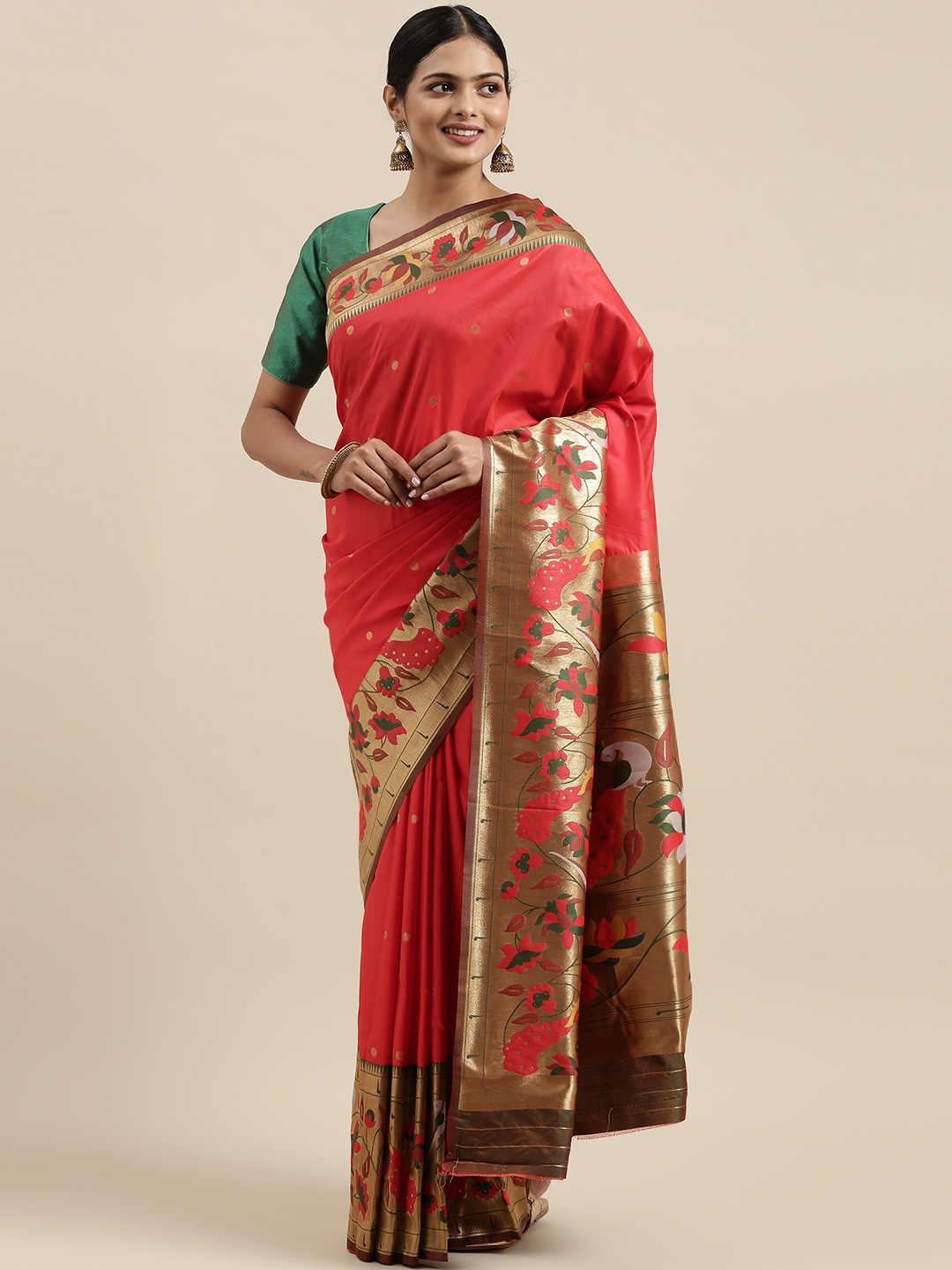 

Mitera Pink Floral Zari Silk Blend Paithani Saree