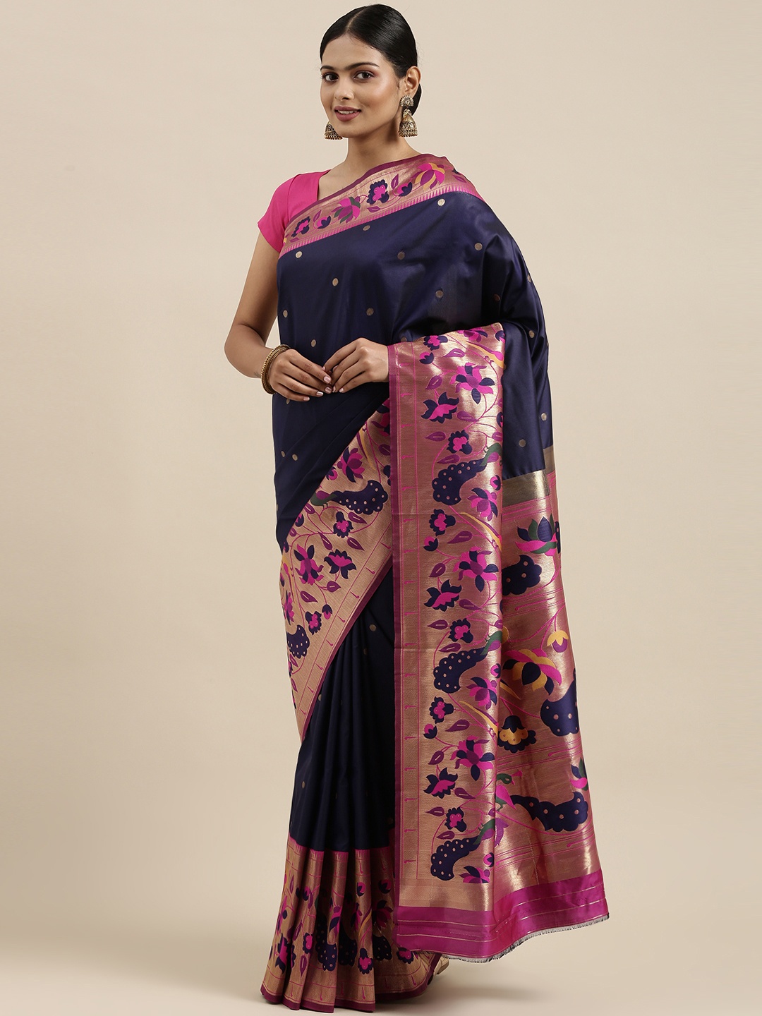 

Mitera Blue & Pink Woven Design Silk Blend Paithani Saree