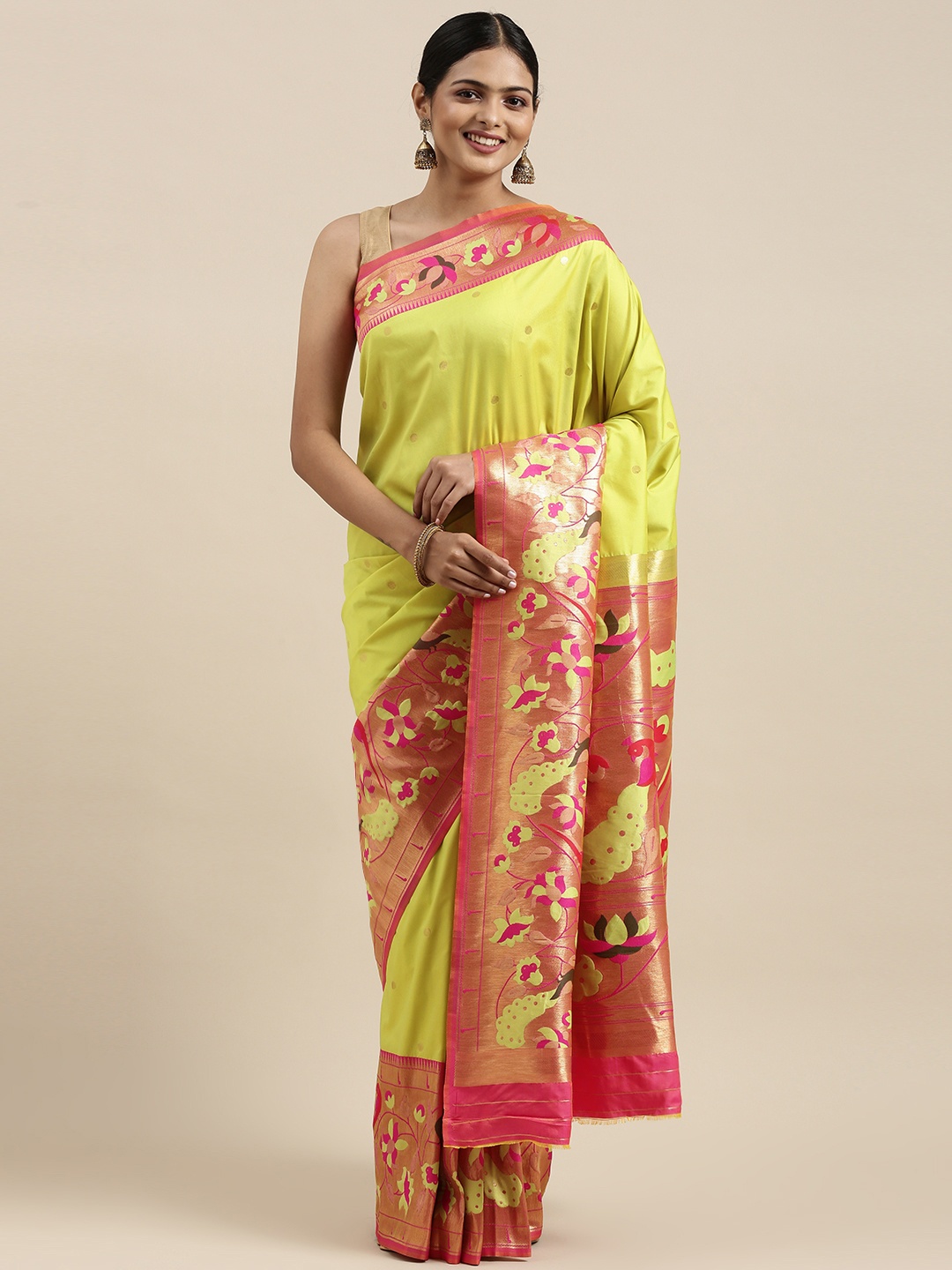 

Mitera Green & Red Woven Design Silk Blend Paithani Saree