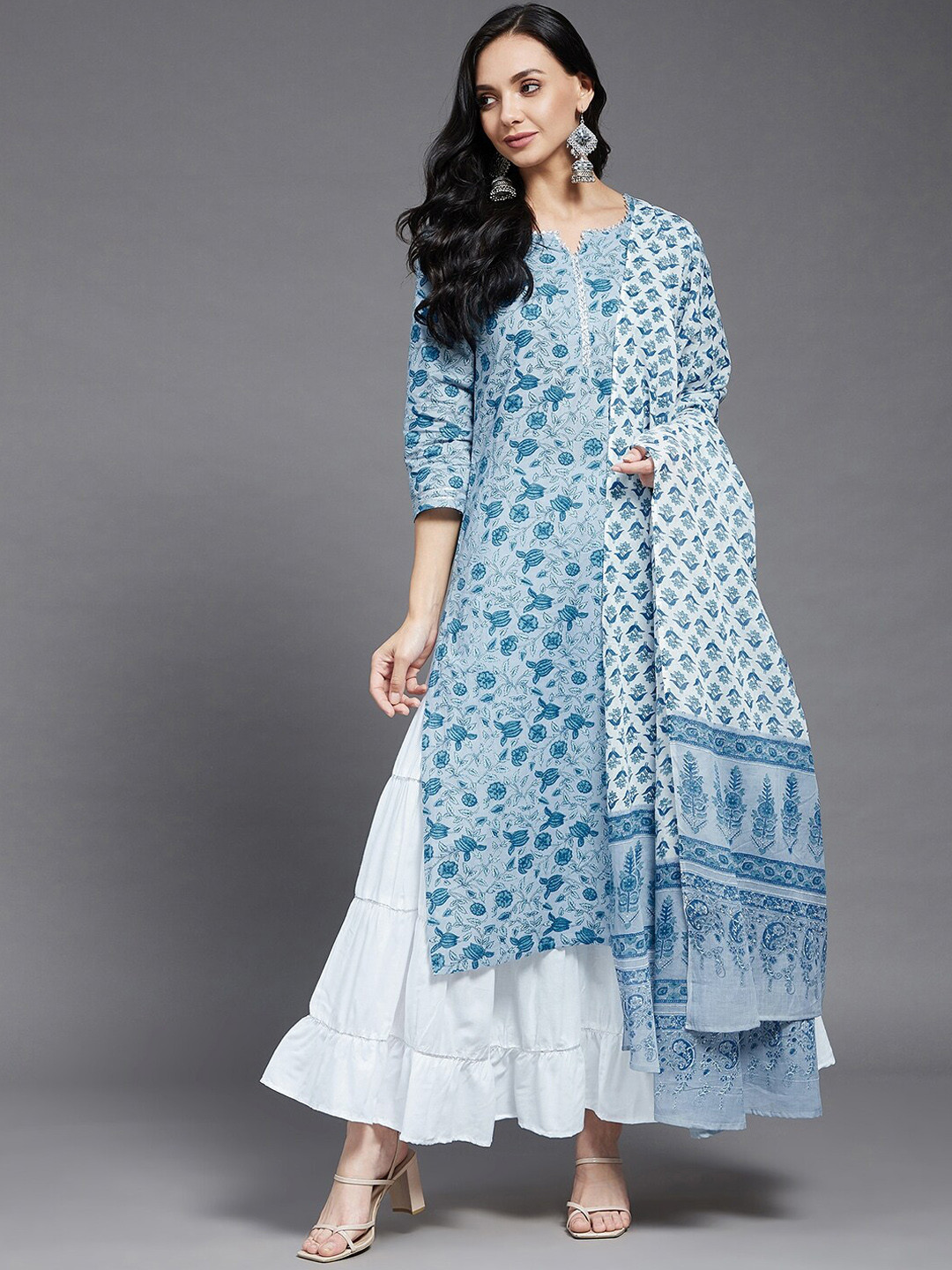 

Azira Women Blue Floral Printed High Slit Pure Cotton Kurta with Skirt & With Dupatta