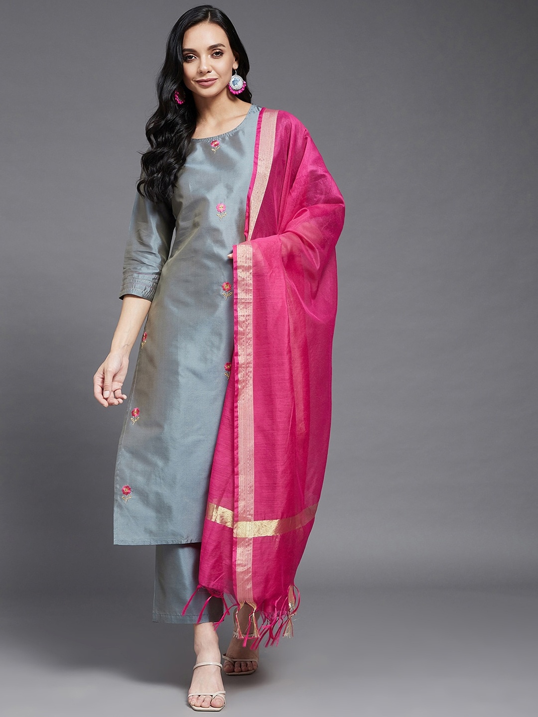 

Azira Women Grey Yoke Design Layered Kurta with Trousers & With Dupatta