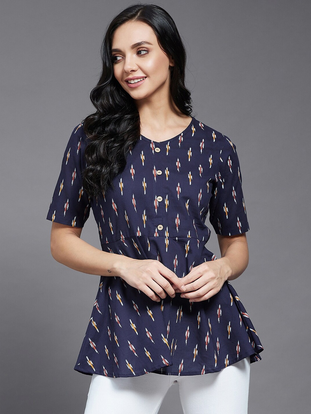 

Azira Blue Geometric Roll-Up Sleeves A-Line Top
